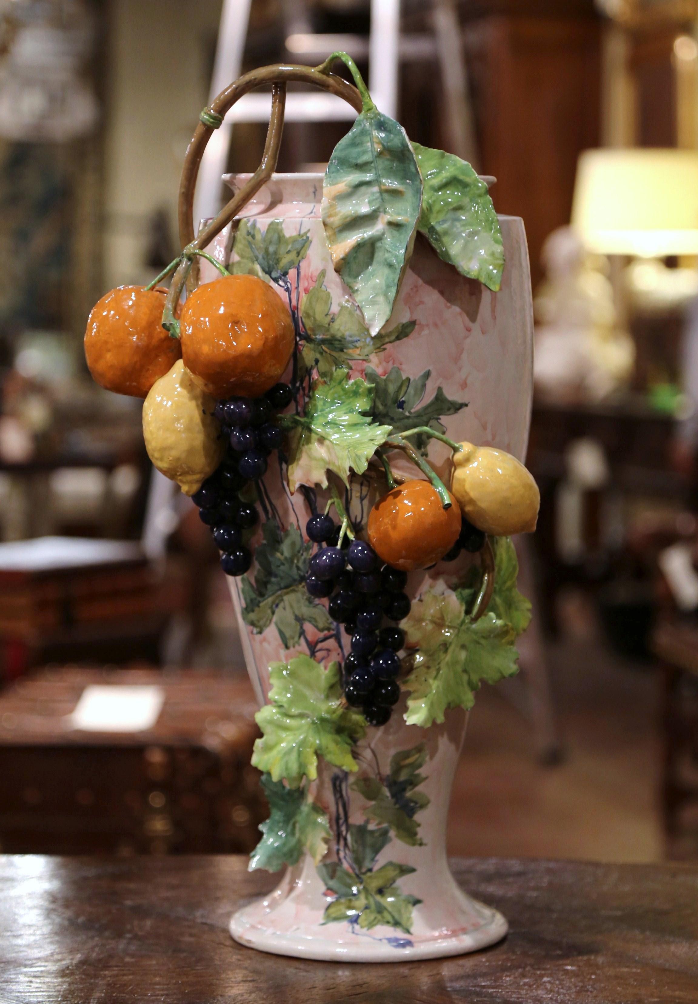 19th Century French Painted Ceramic Barbotine Vase with Fruit and Foliage Decor 1