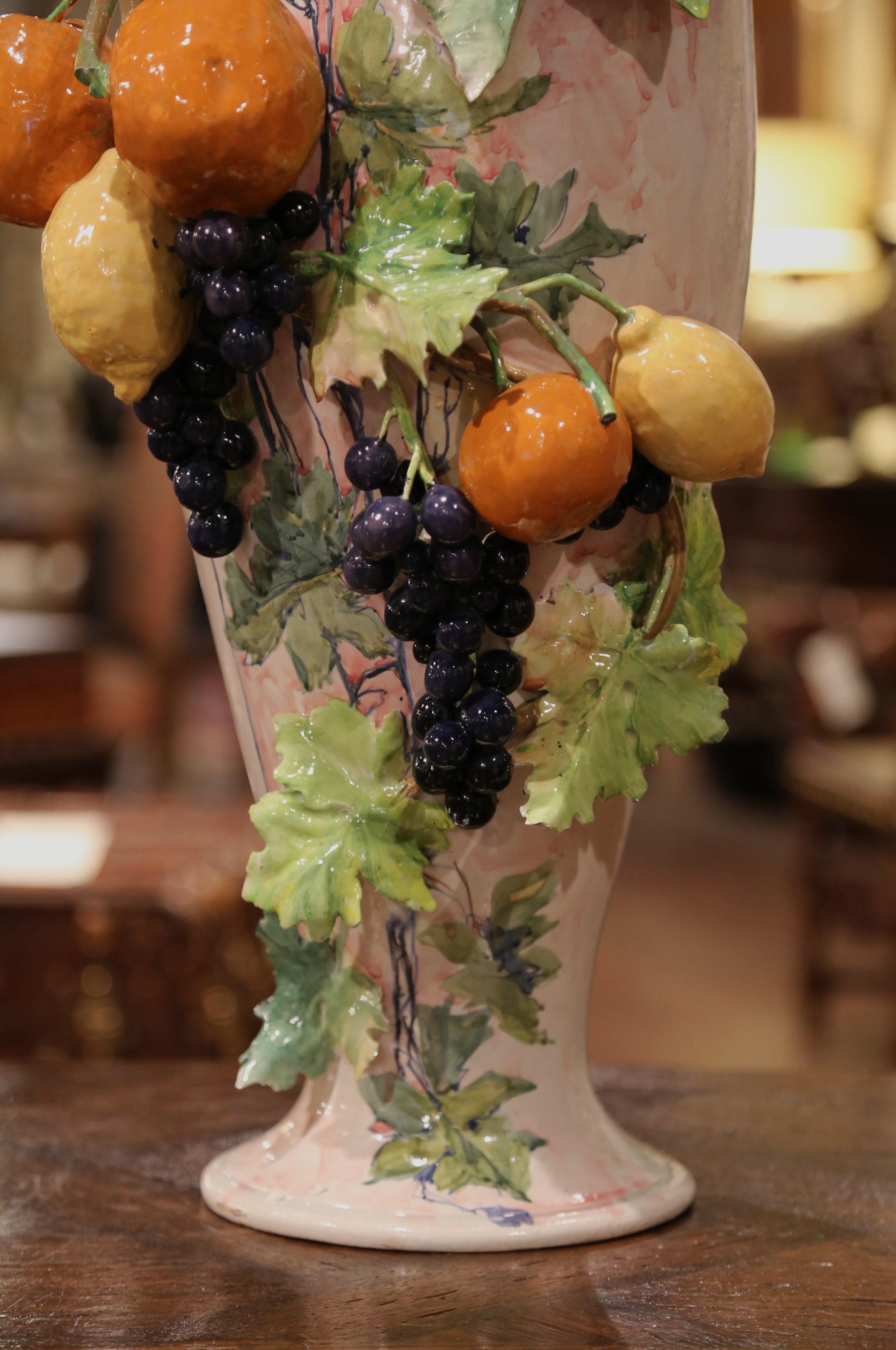 19th Century French Painted Ceramic Barbotine Vase with Fruit and Foliage Decor 2