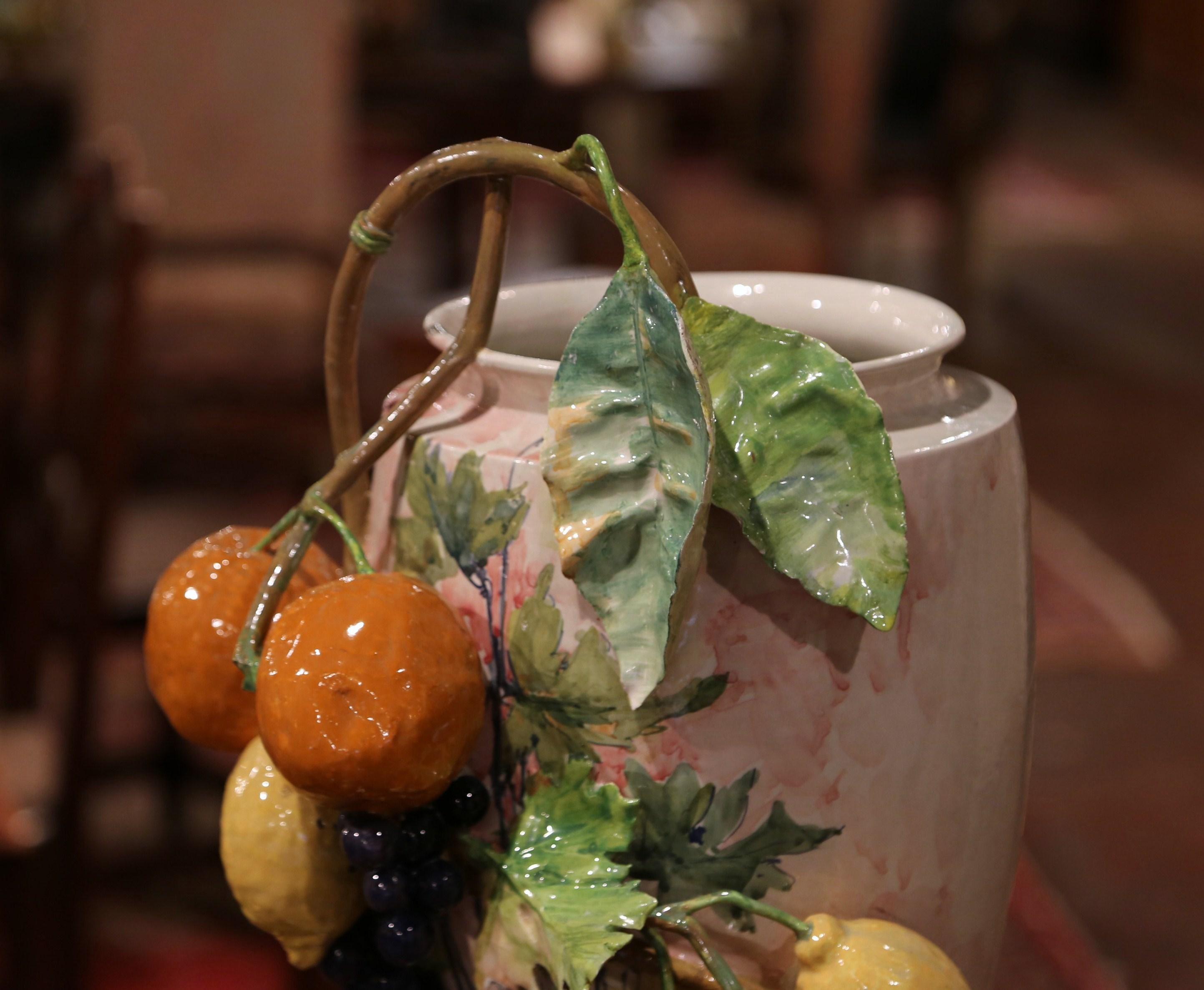 19th Century French Painted Ceramic Barbotine Vase with Fruit and Foliage Decor 3
