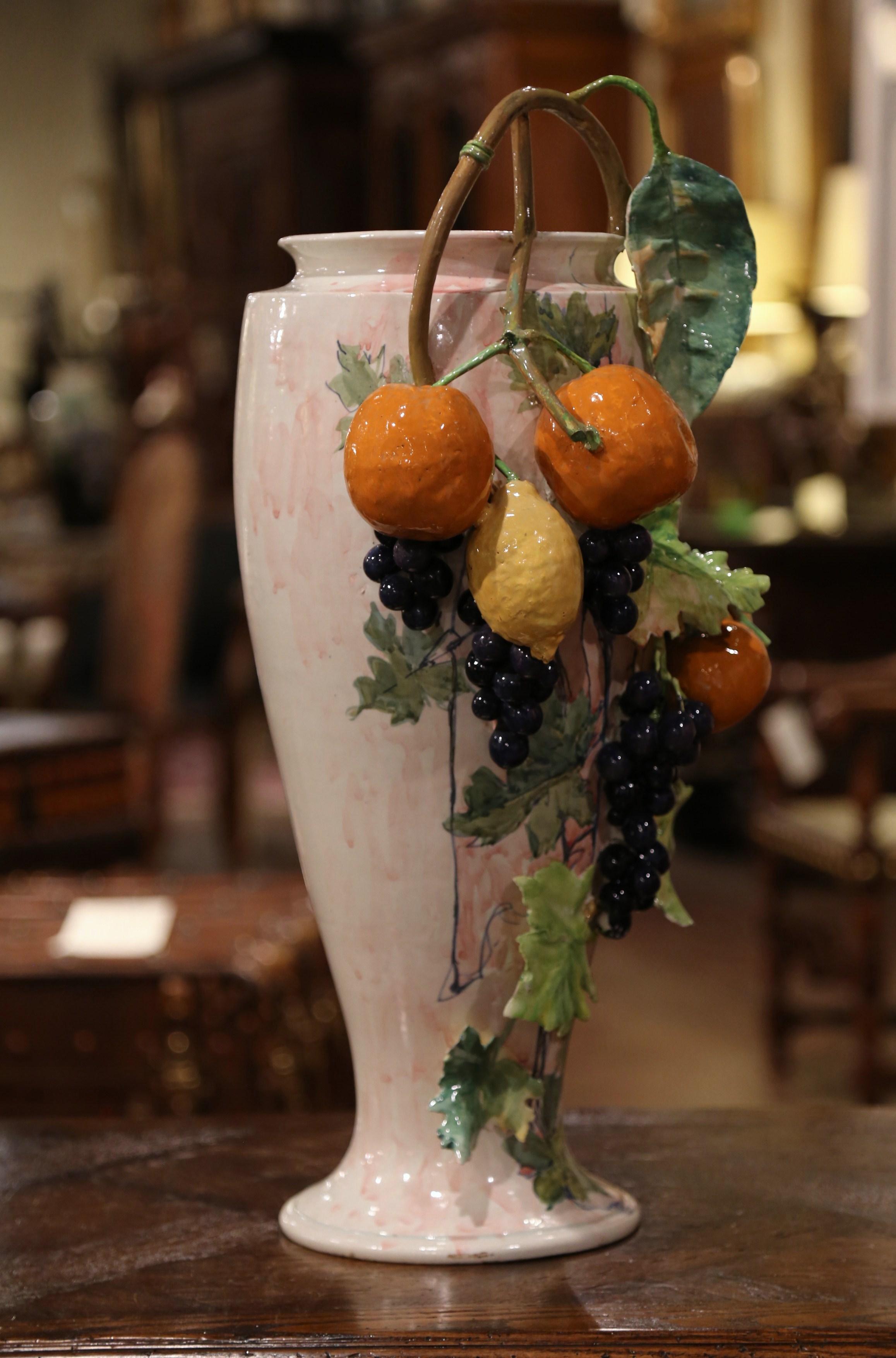 19th Century French Painted Ceramic Barbotine Vase with Fruit and Foliage Decor 4