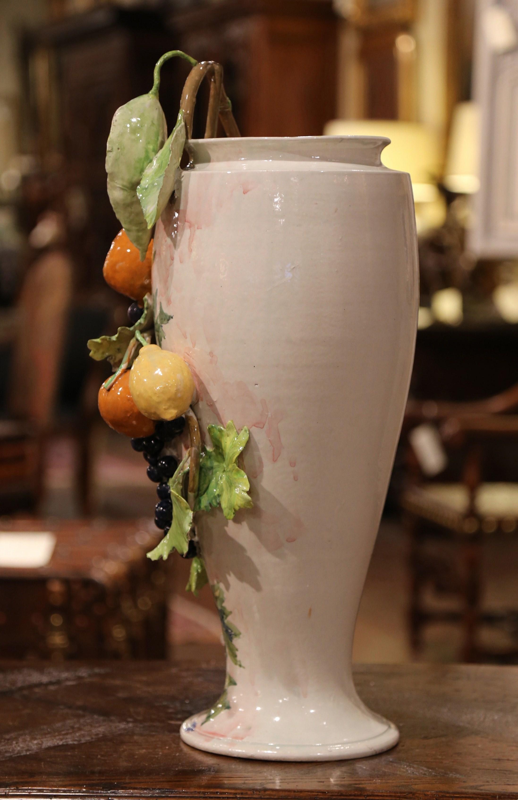 19th Century French Painted Ceramic Barbotine Vase with Fruit and Foliage Decor 5