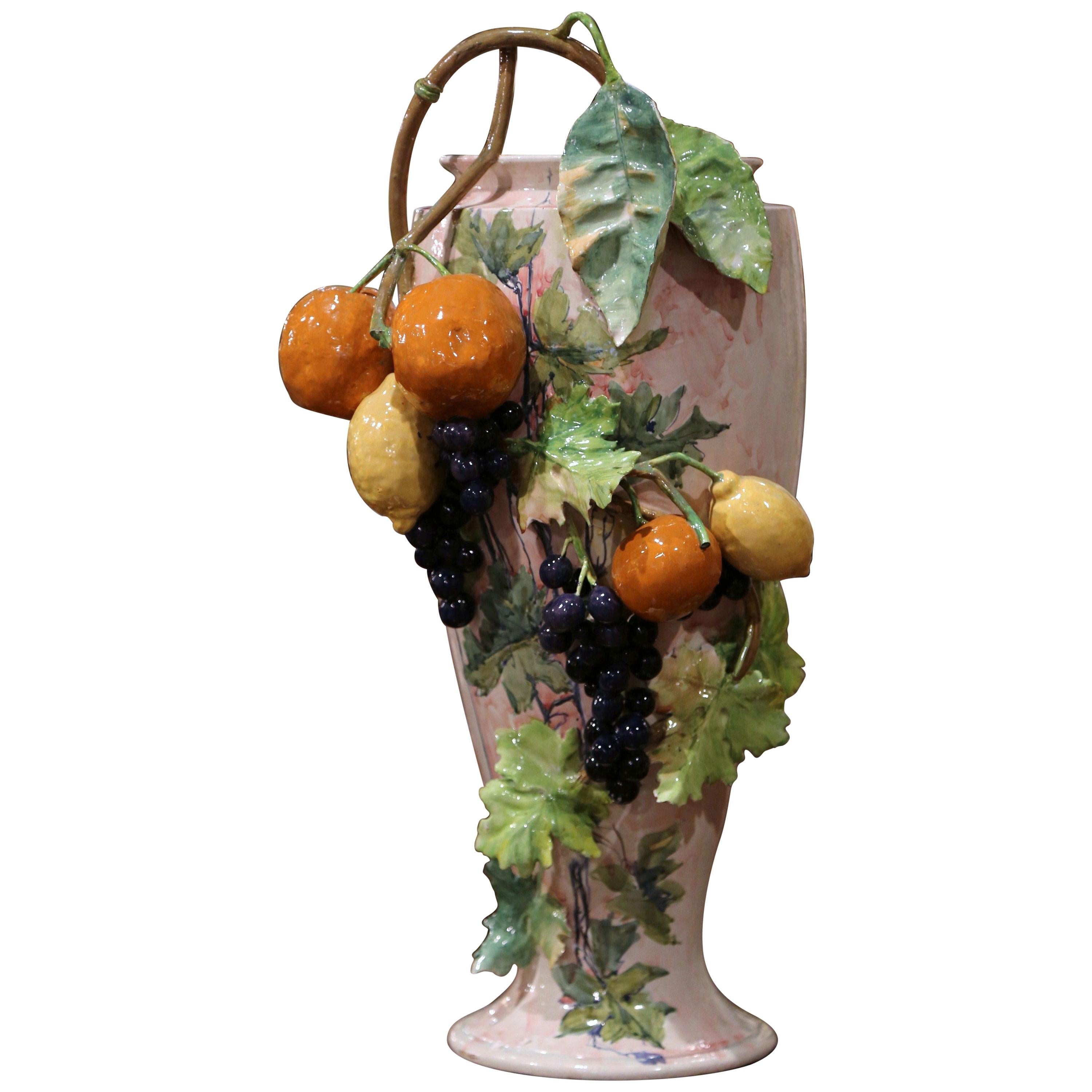 19th Century French Painted Ceramic Barbotine Vase with Fruit and Foliage Decor