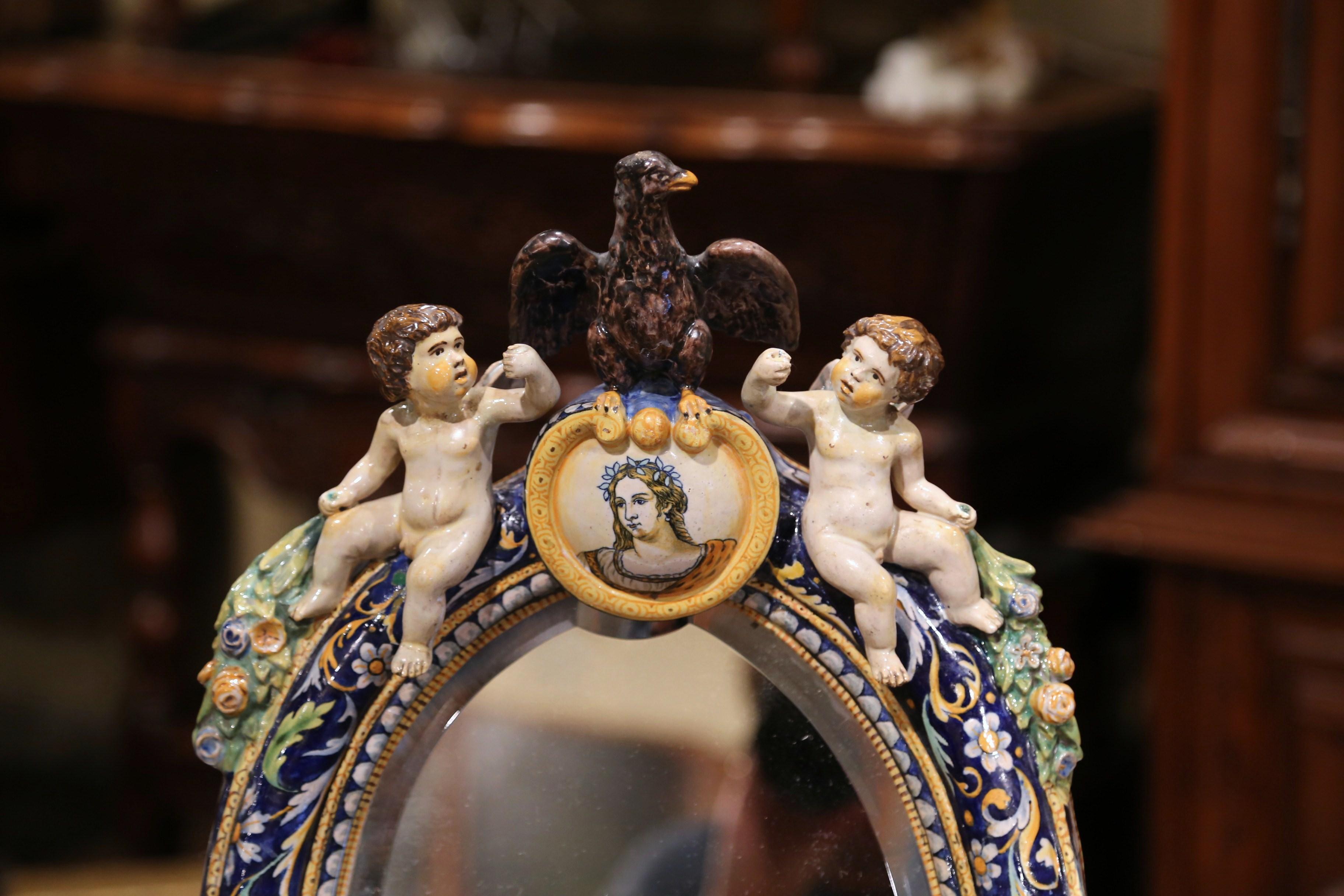 Neoclassical 19th Century French Painted Ceramic Freestanding Beveled Vanity Mirror