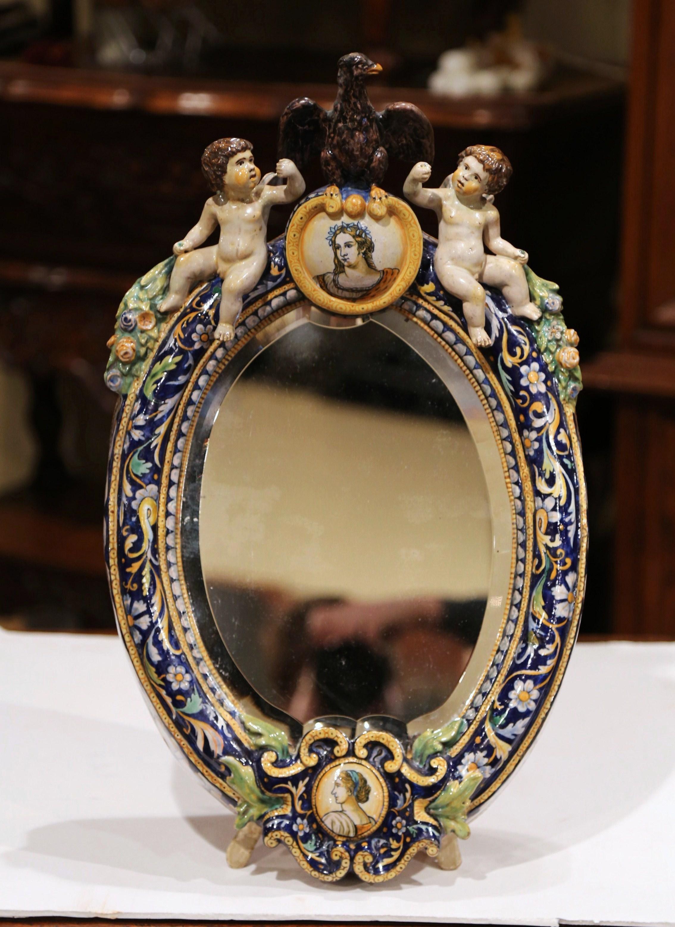 19th Century French Painted Ceramic Freestanding Beveled Vanity Mirror 1