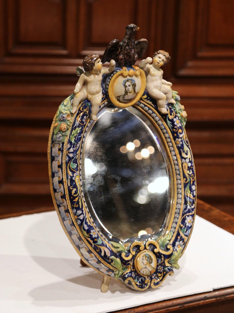 19th Century French Painted Ceramic Freestanding Beveled Vanity Mirror For Sale at 1stDibs