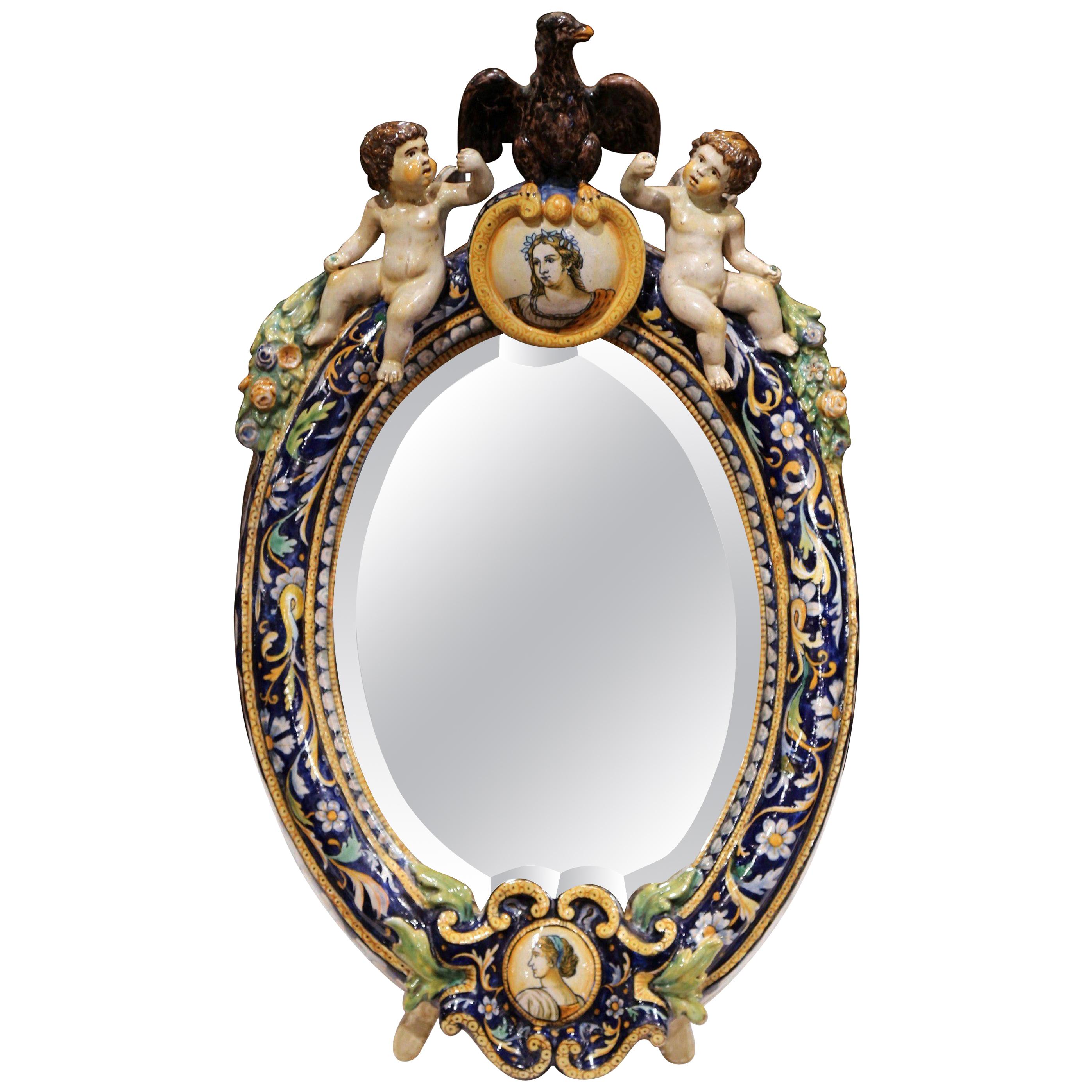 19th Century French Painted Ceramic Freestanding Beveled Vanity Mirror