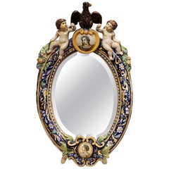 Antique 19th Century French Painted Ceramic Freestanding Beveled Vanity Mirror