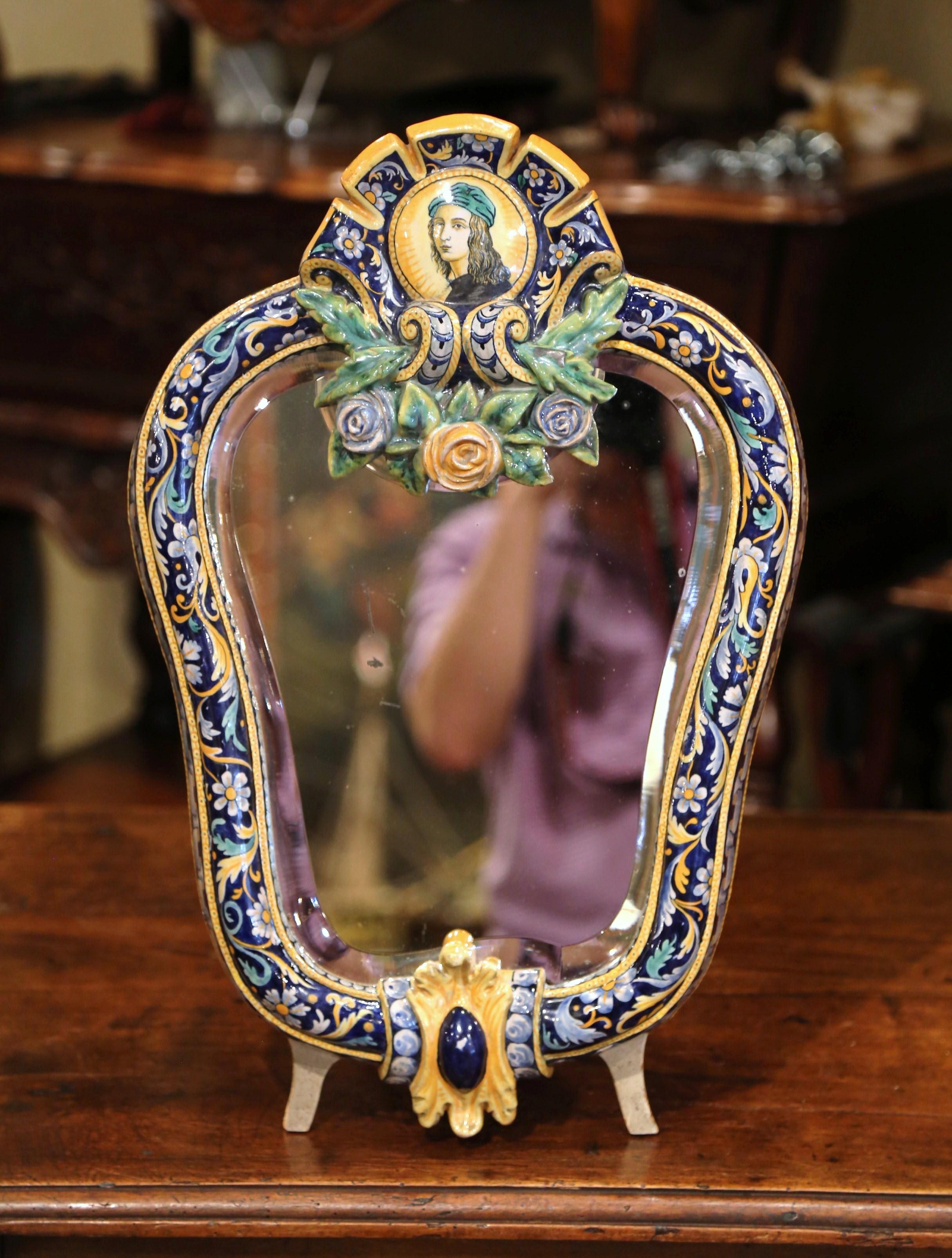 Neoclassical 19th Century French Painted Ceramic Vanity Mirror with Joan of Arc Medallion