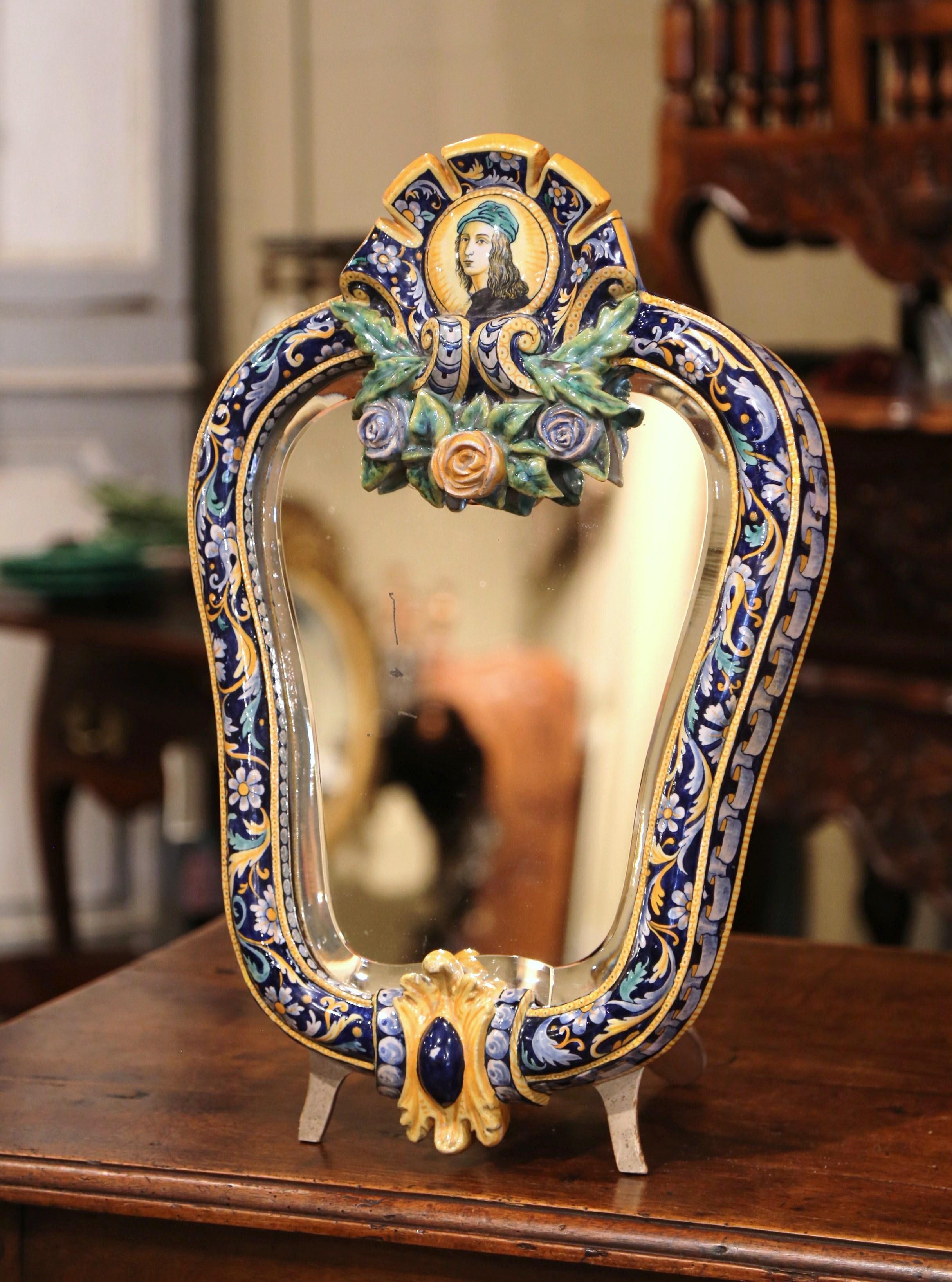 Beveled 19th Century French Painted Ceramic Vanity Mirror with Joan of Arc Medallion