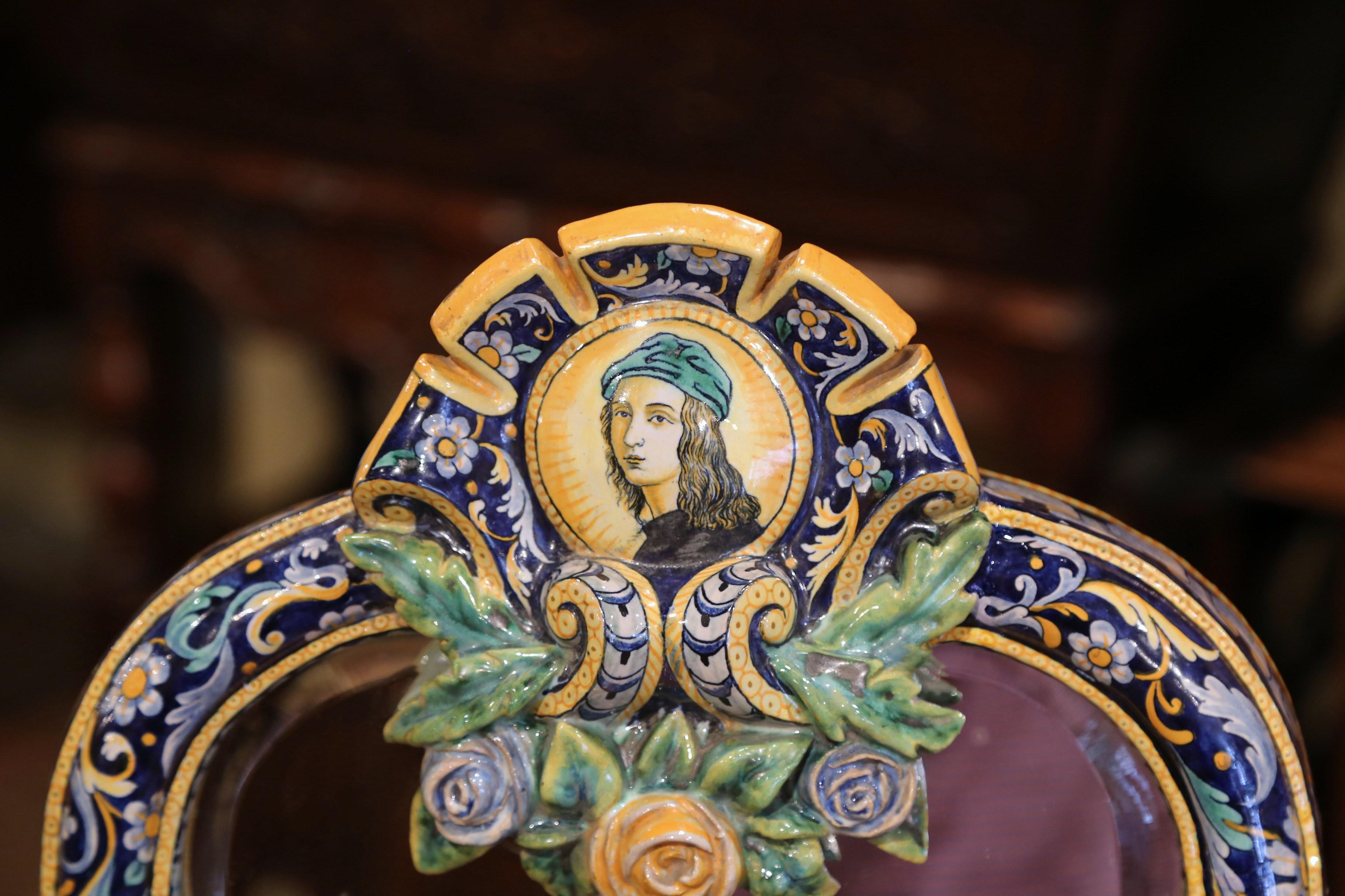 19th Century French Painted Ceramic Vanity Mirror with Joan of Arc Medallion In Excellent Condition In Dallas, TX