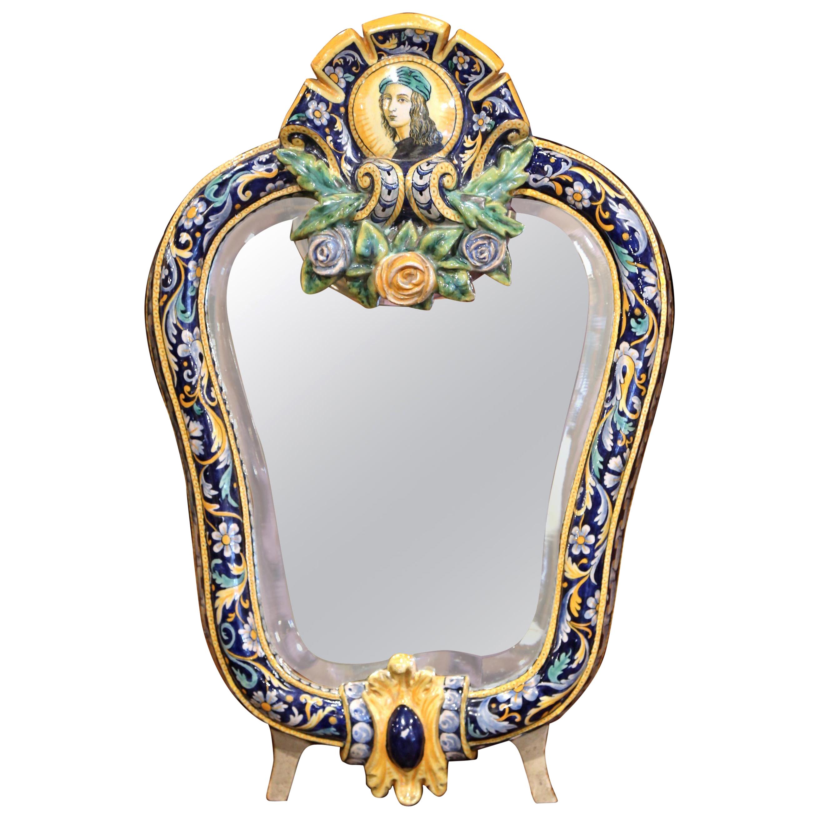 19th Century French Painted Ceramic Vanity Mirror with Joan of Arc Medallion