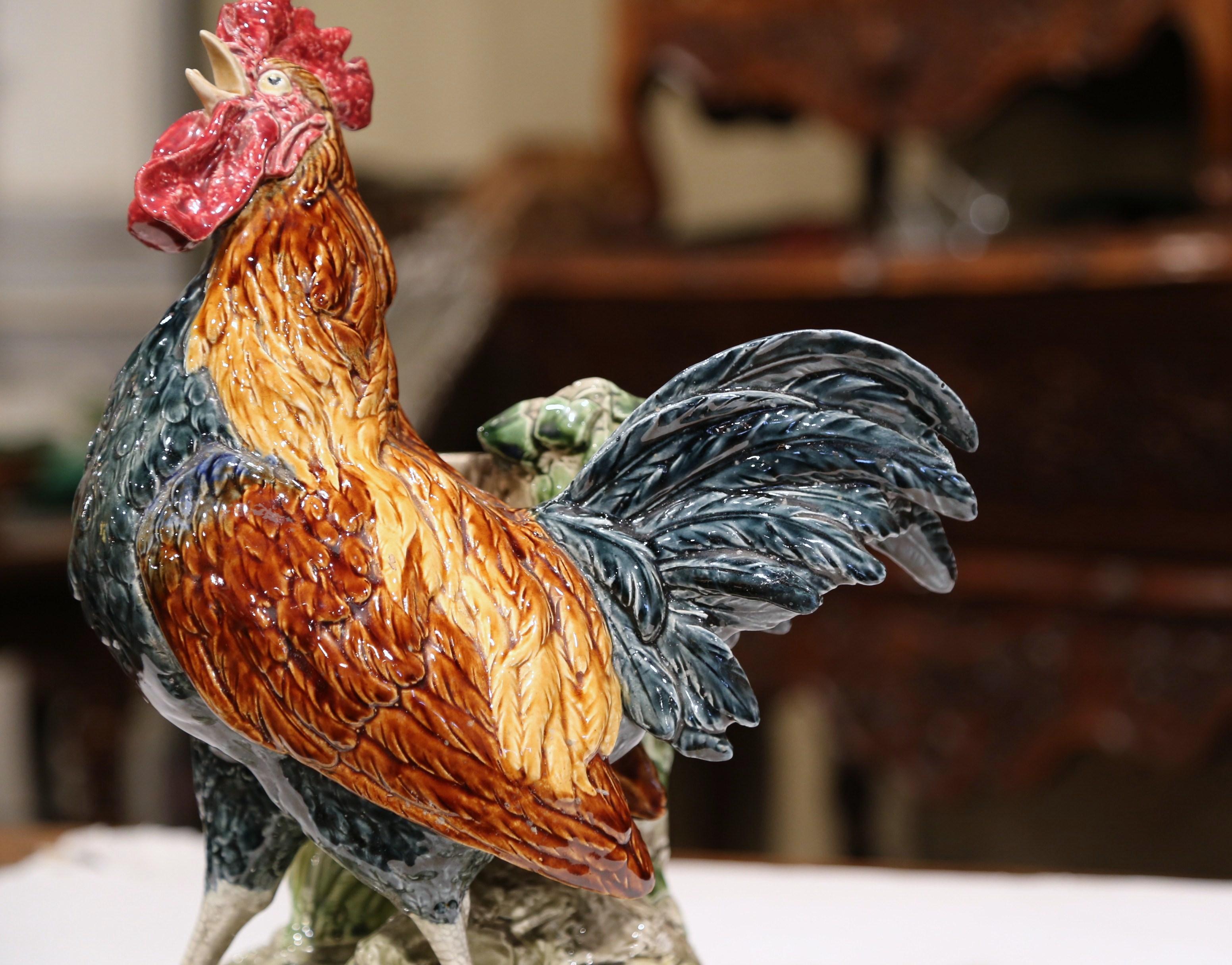 vase en céramique peinte du XIXe siècle:: coq signé Louis Carrier-Belleuse 3