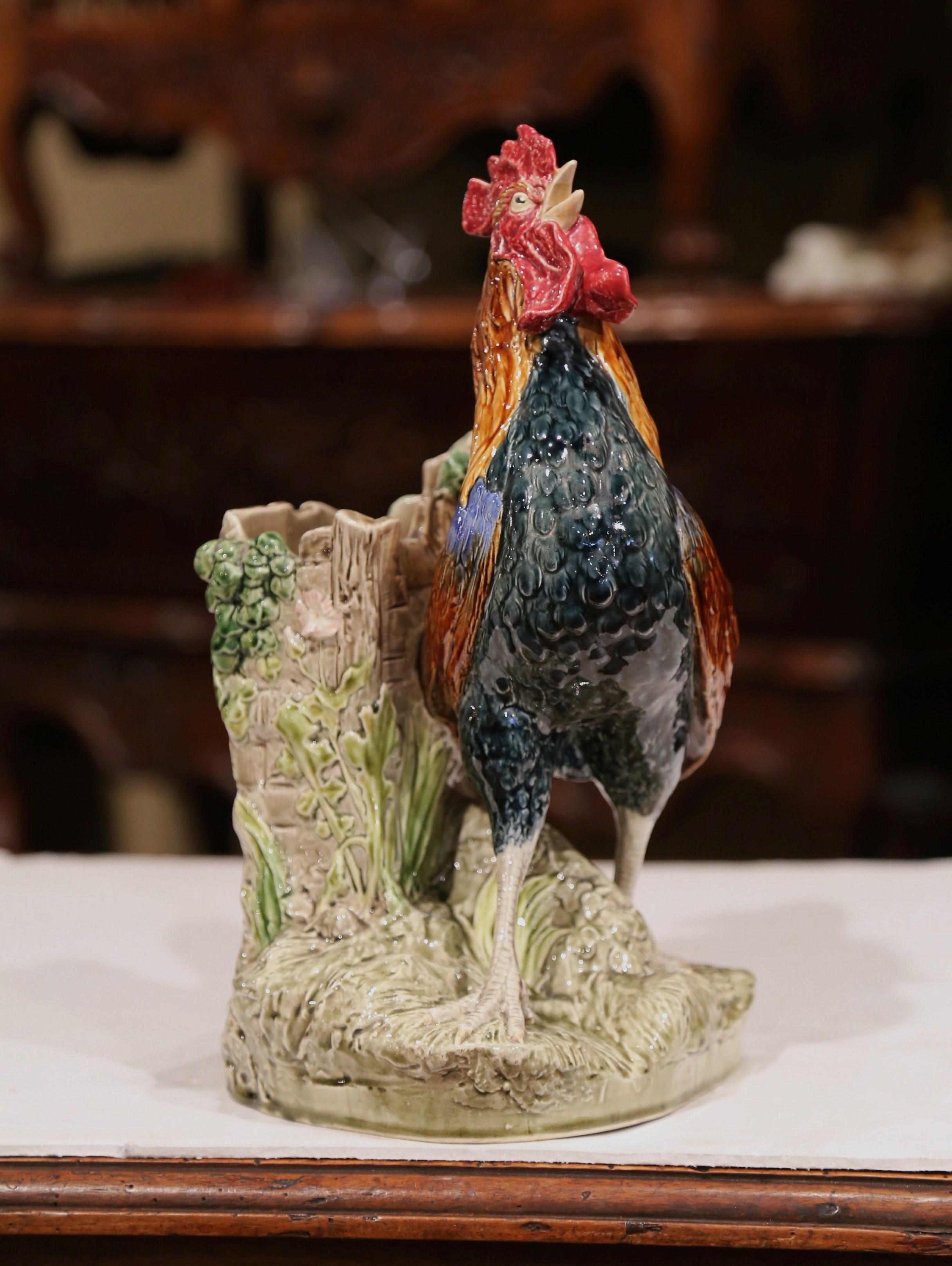 vase en céramique peinte du XIXe siècle:: coq signé Louis Carrier-Belleuse Excellent état à Dallas, TX