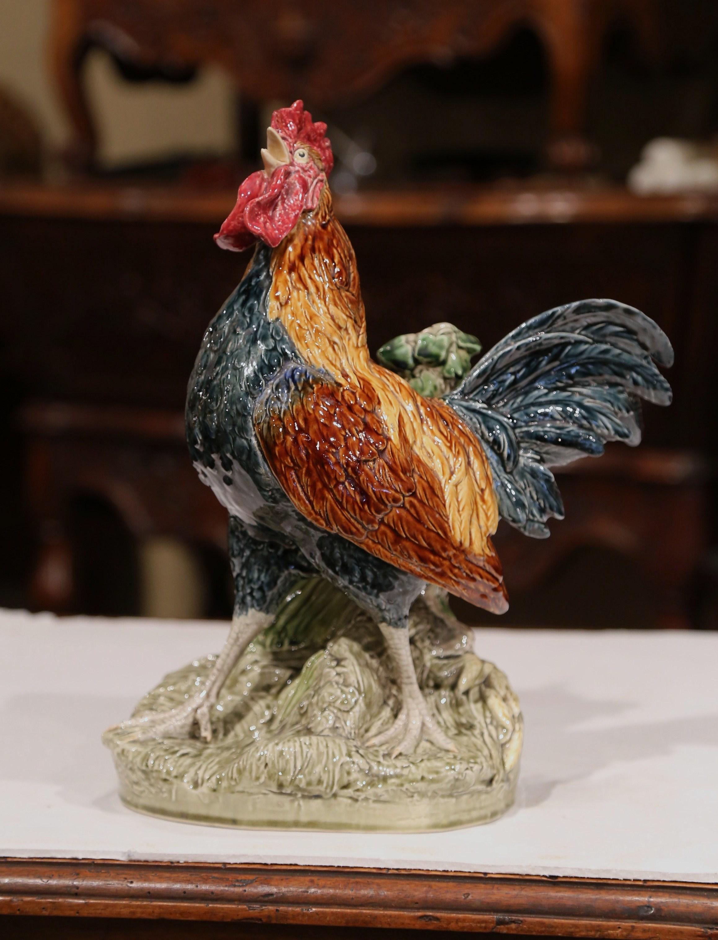 vase en céramique peinte du XIXe siècle:: coq signé Louis Carrier-Belleuse 1