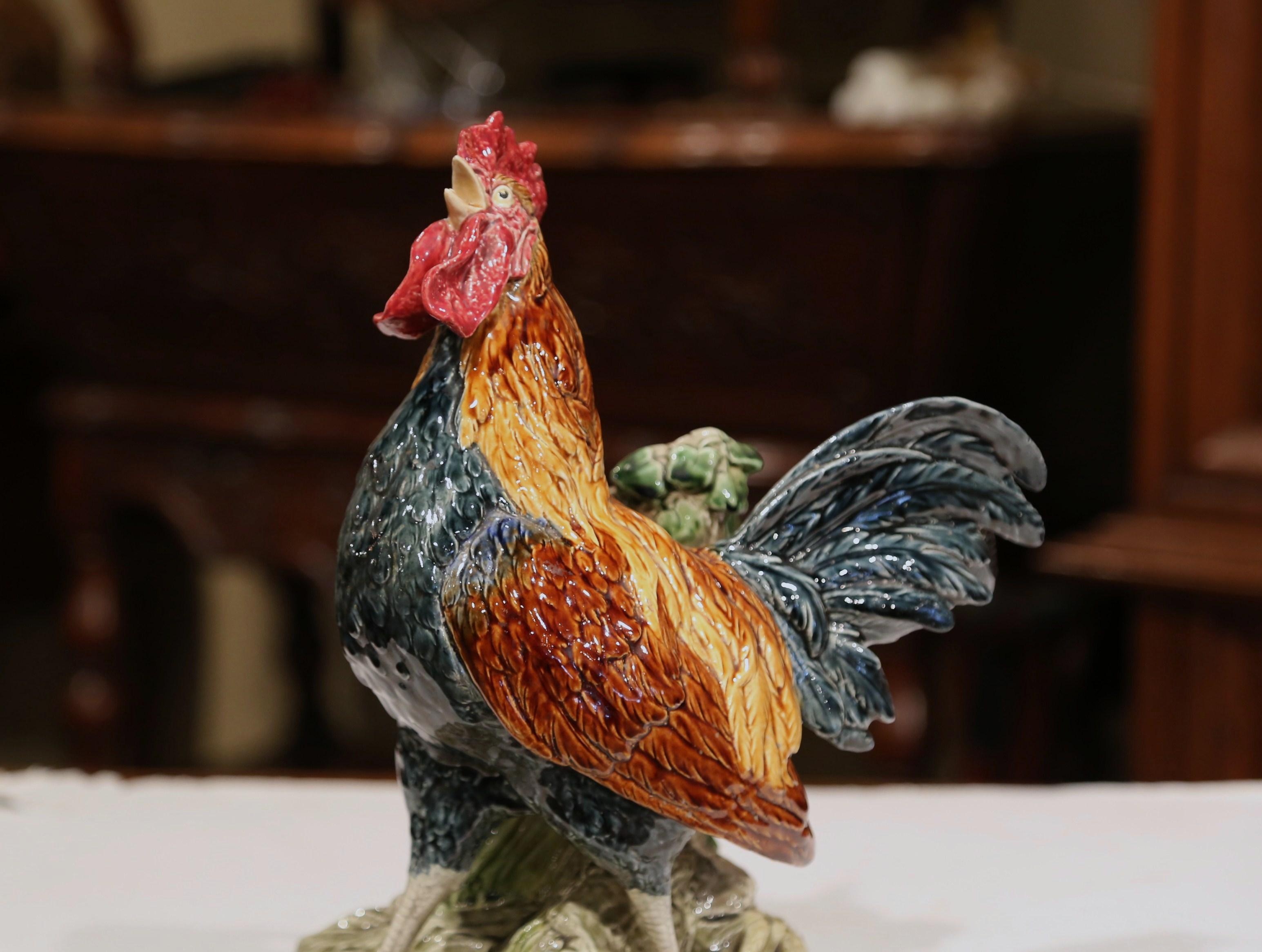 vase en céramique peinte du XIXe siècle:: coq signé Louis Carrier-Belleuse 2