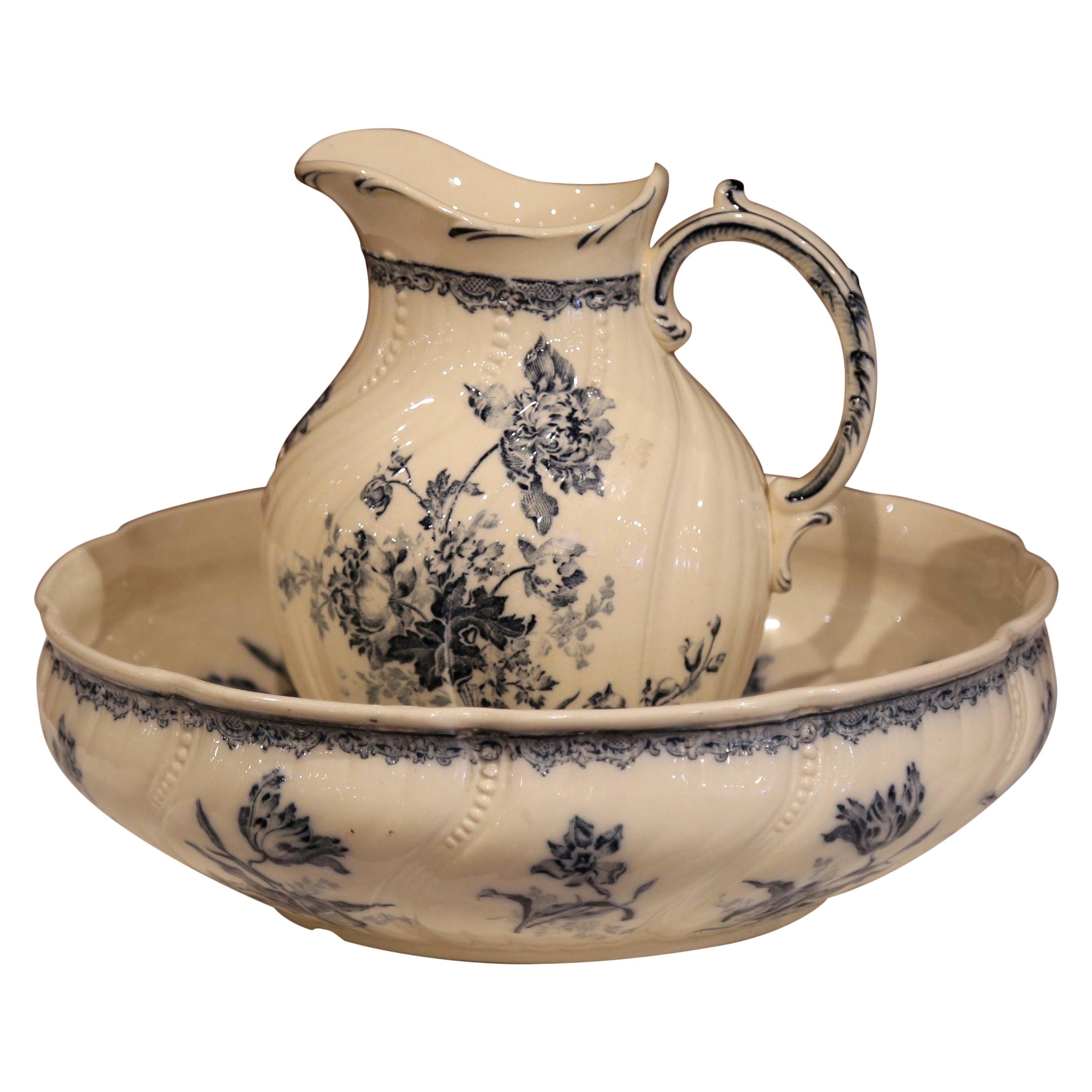 19th Century French Painted Ceramic Wash Bowl and Pitcher from Sarreguemines
