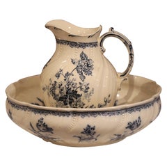 19th Century French Painted Ceramic Wash Bowl and Pitcher from Sarreguemines