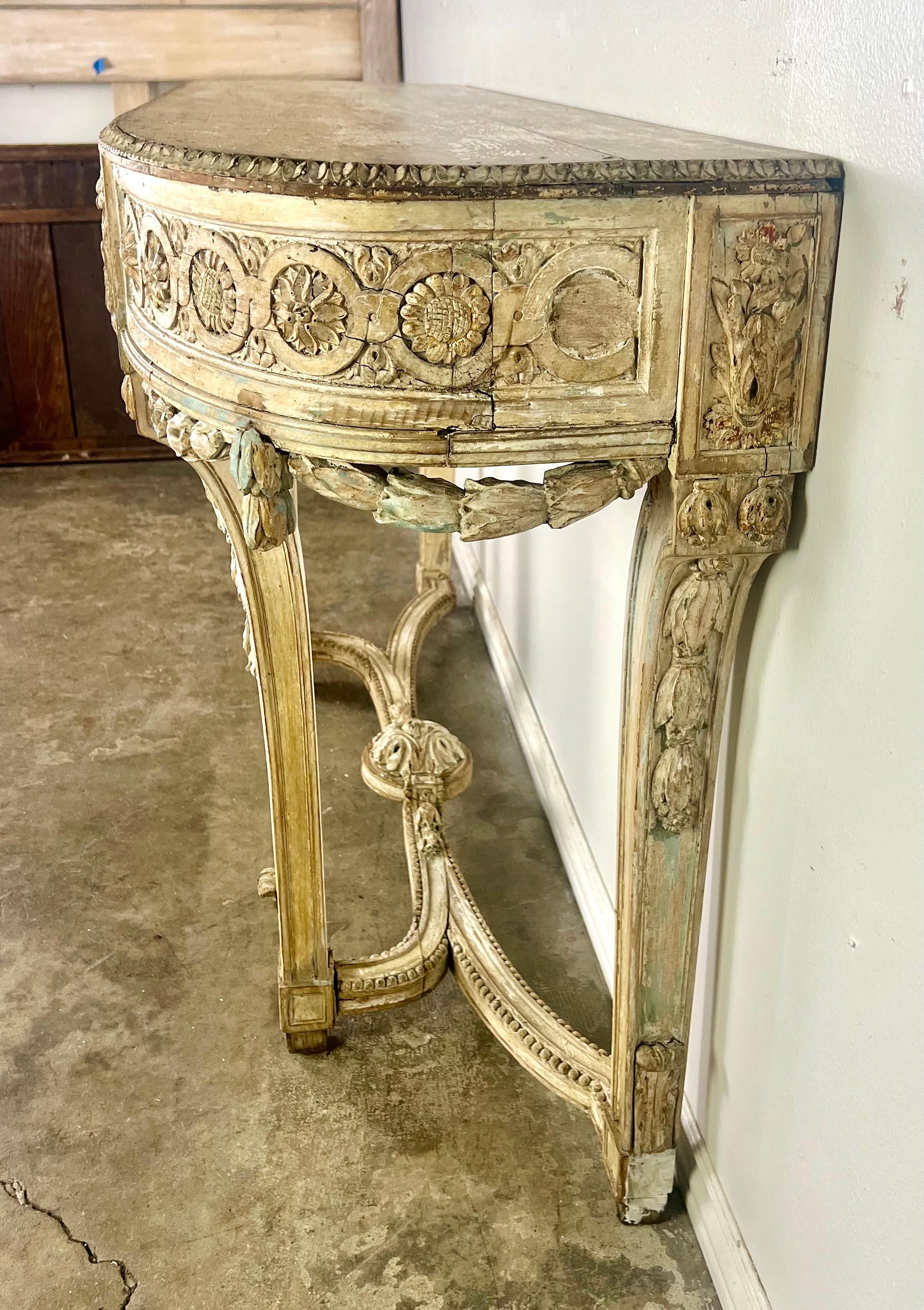 19th Century French Painted Console w/ Carved Swags & Drawers 5