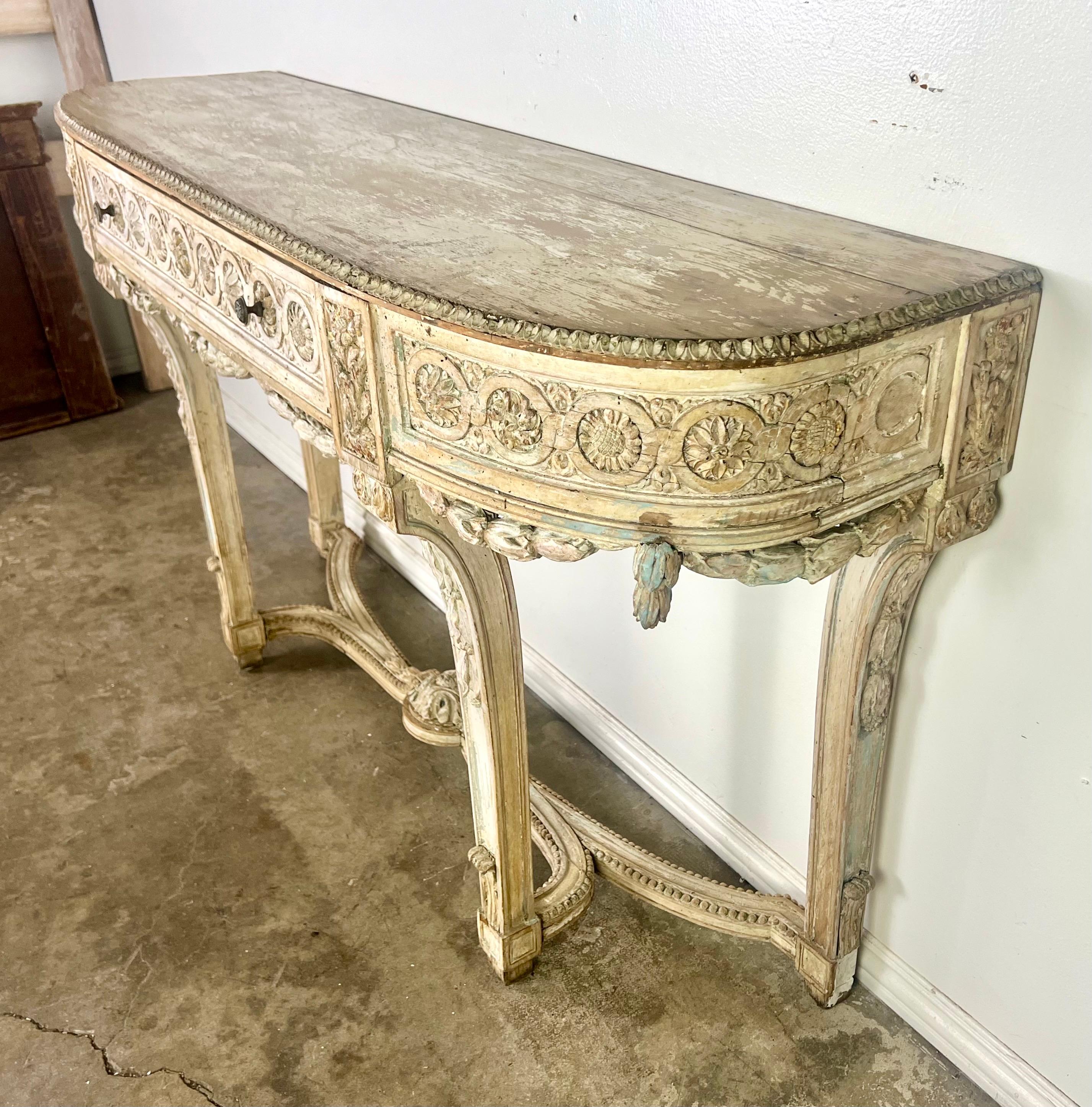 19th Century French Painted Console w/ Carved Swags & Drawers 6