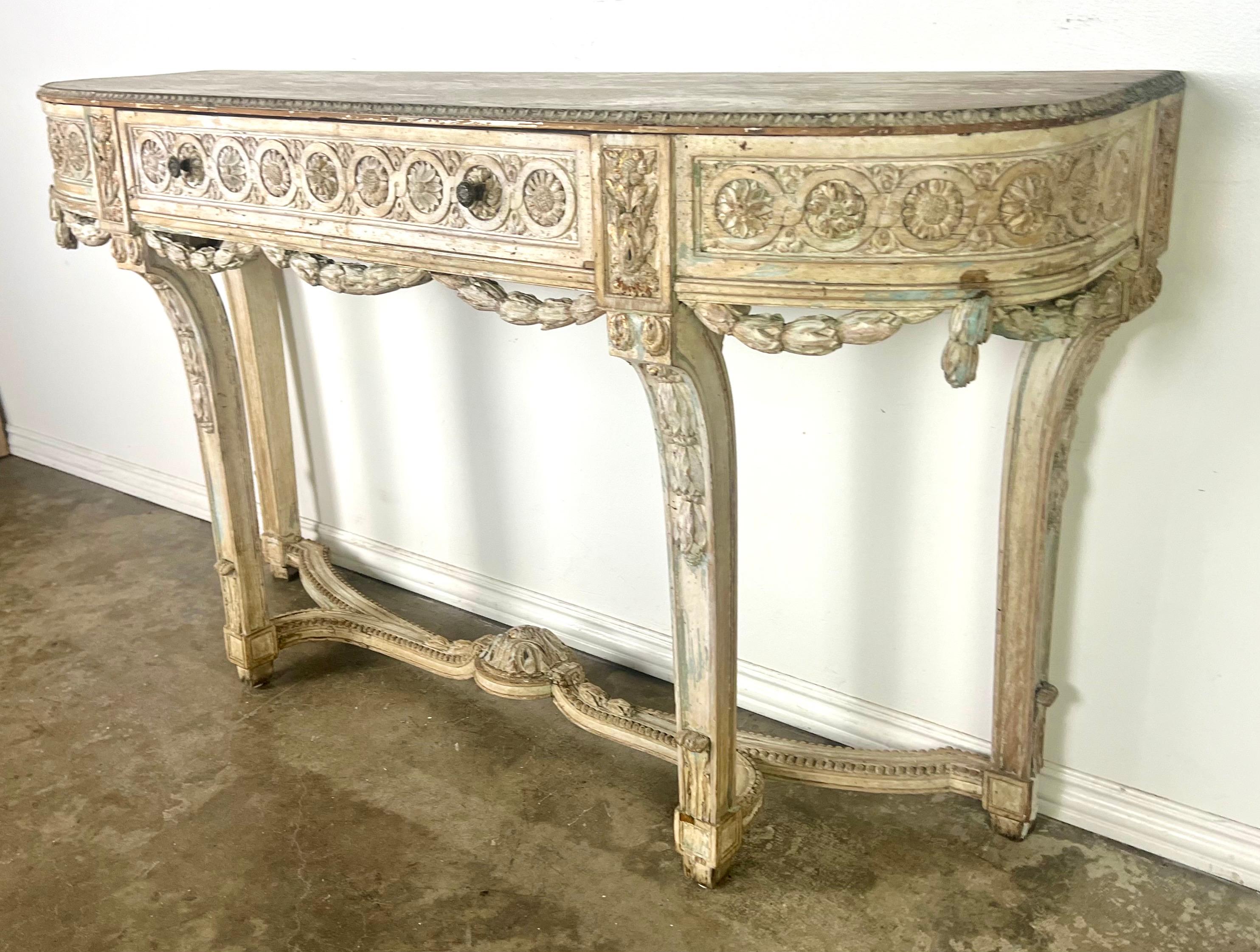 19th Century French Painted Console w/ Carved Swags & Drawers 7