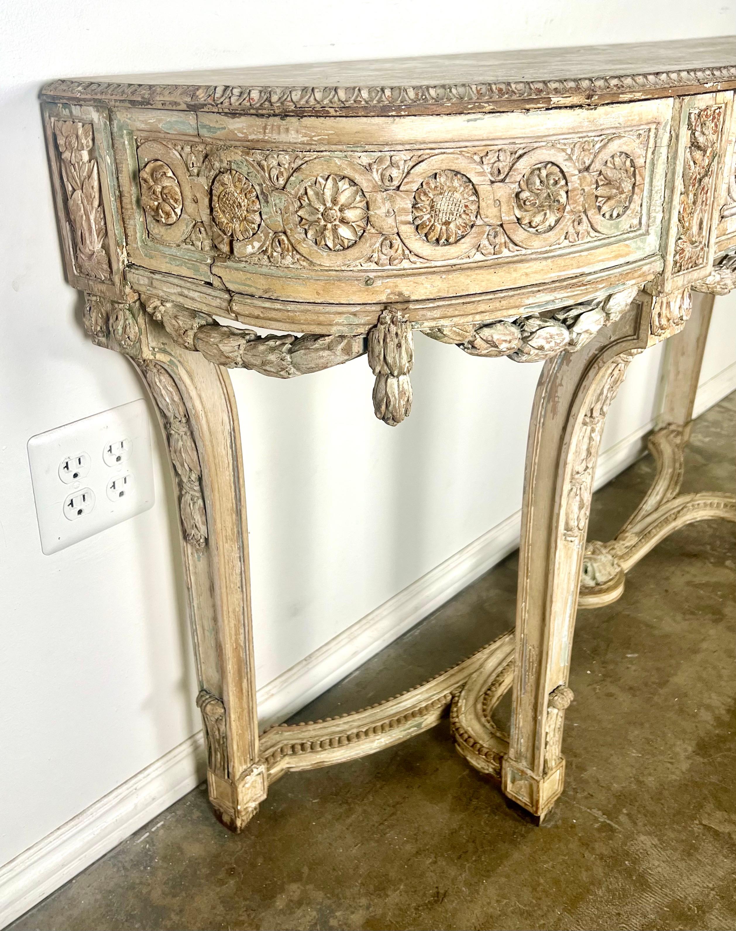19th Century French Painted Console w/ Carved Swags & Drawers 12
