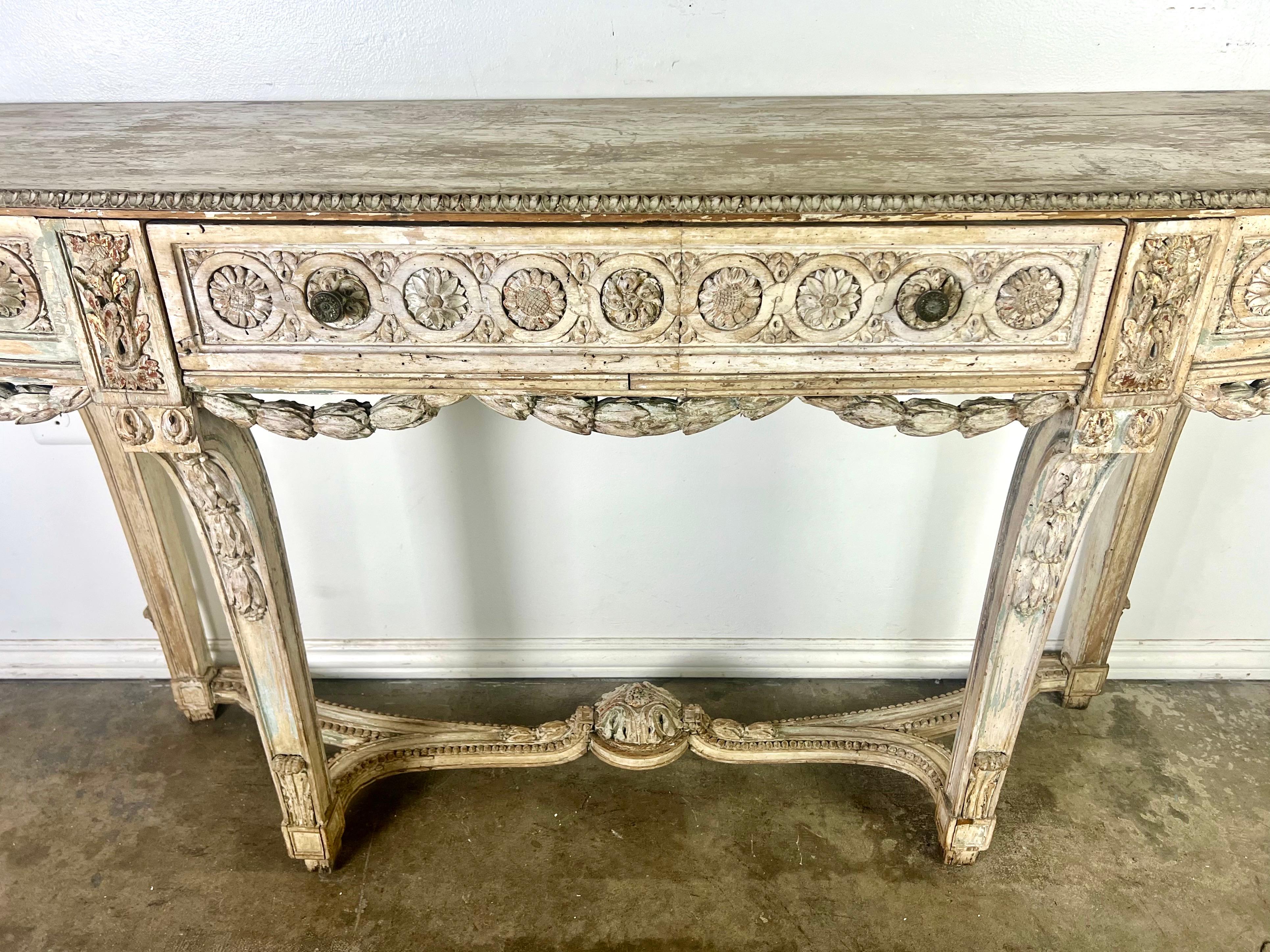 French Provincial 19th Century French Painted Console w/ Carved Swags & Drawers For Sale