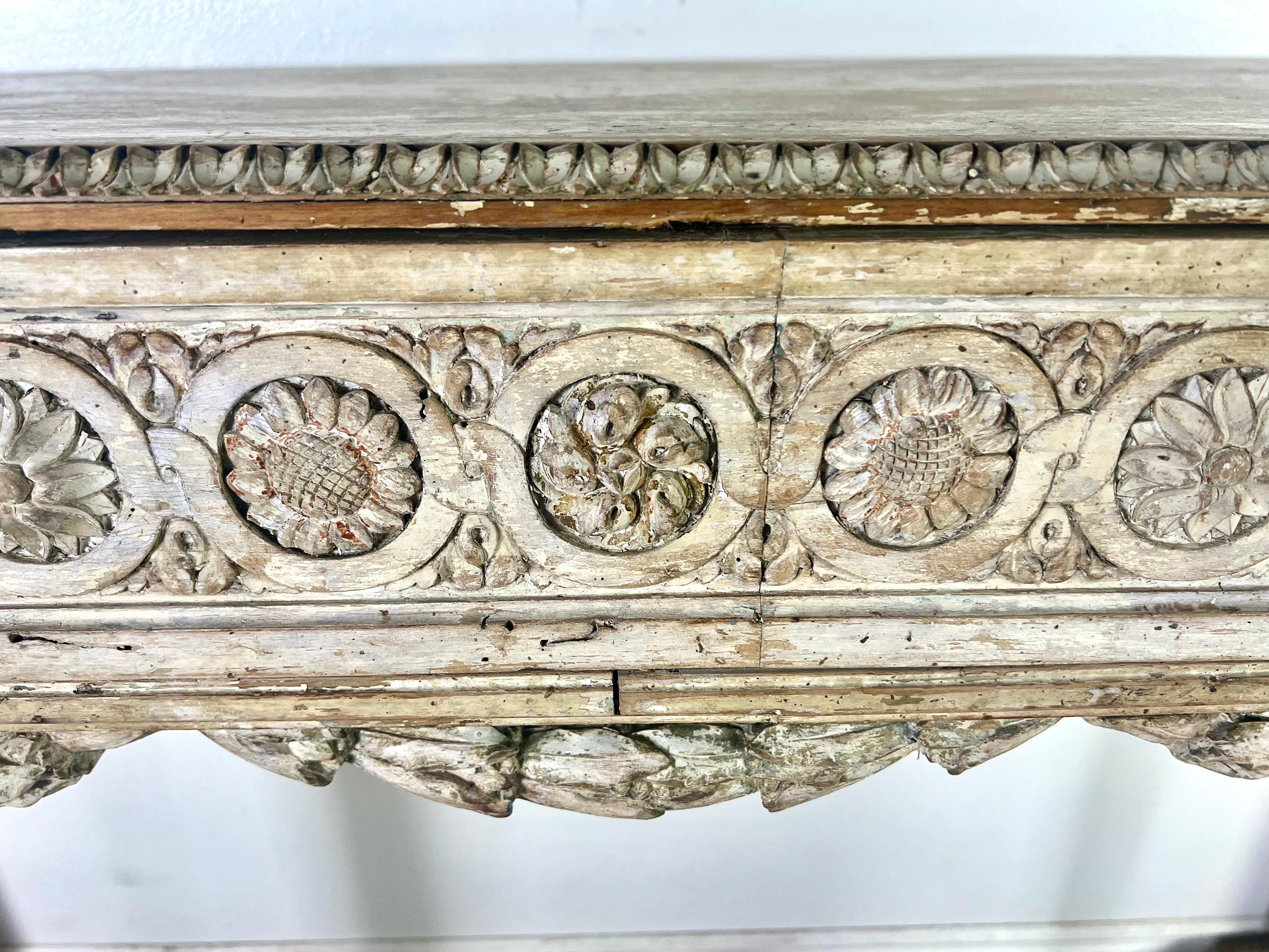 Hand-Carved 19th Century French Painted Console w/ Carved Swags & Drawers For Sale