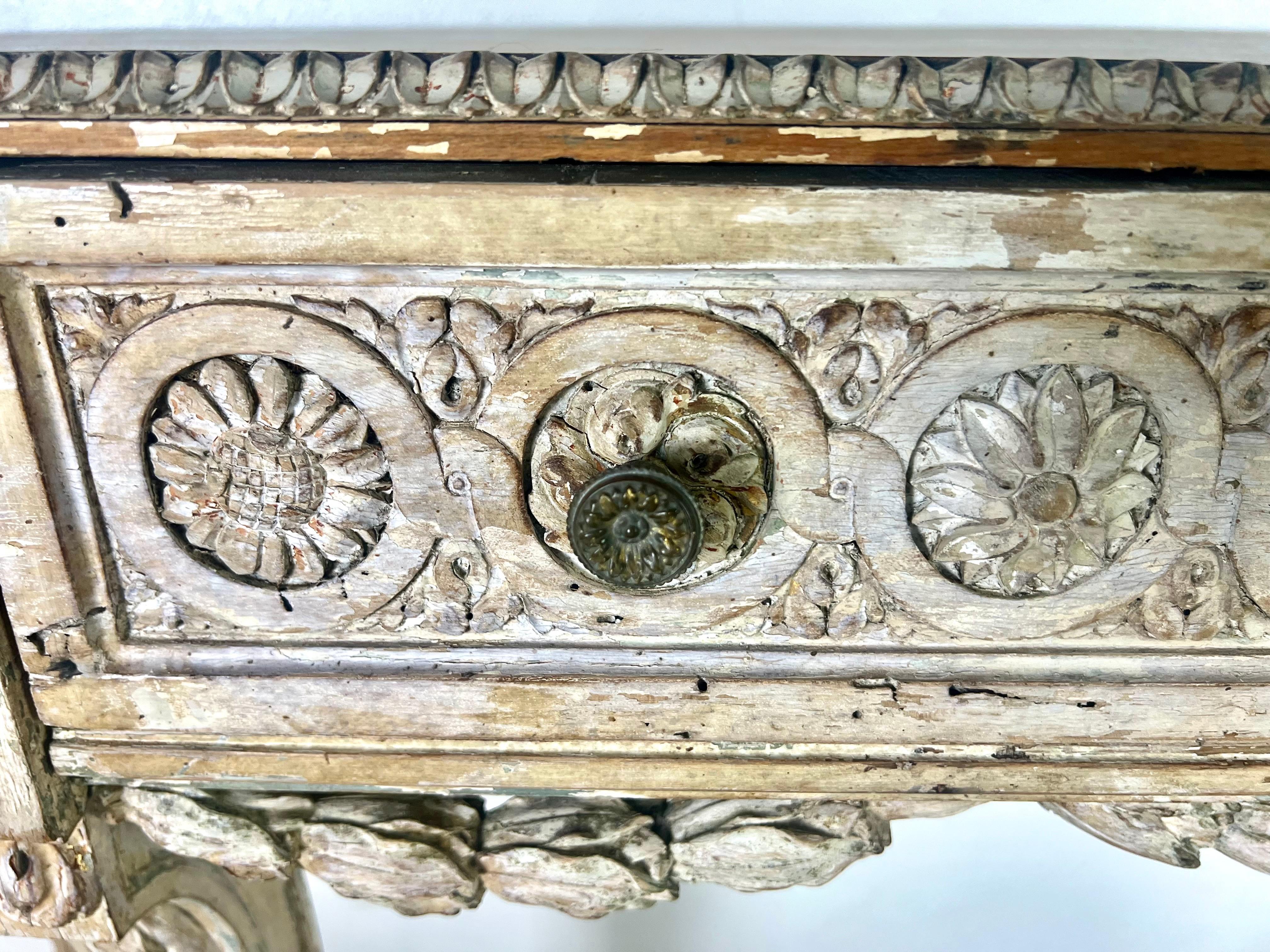 19th Century French Painted Console w/ Carved Swags & Drawers In Distressed Condition For Sale In Los Angeles, CA
