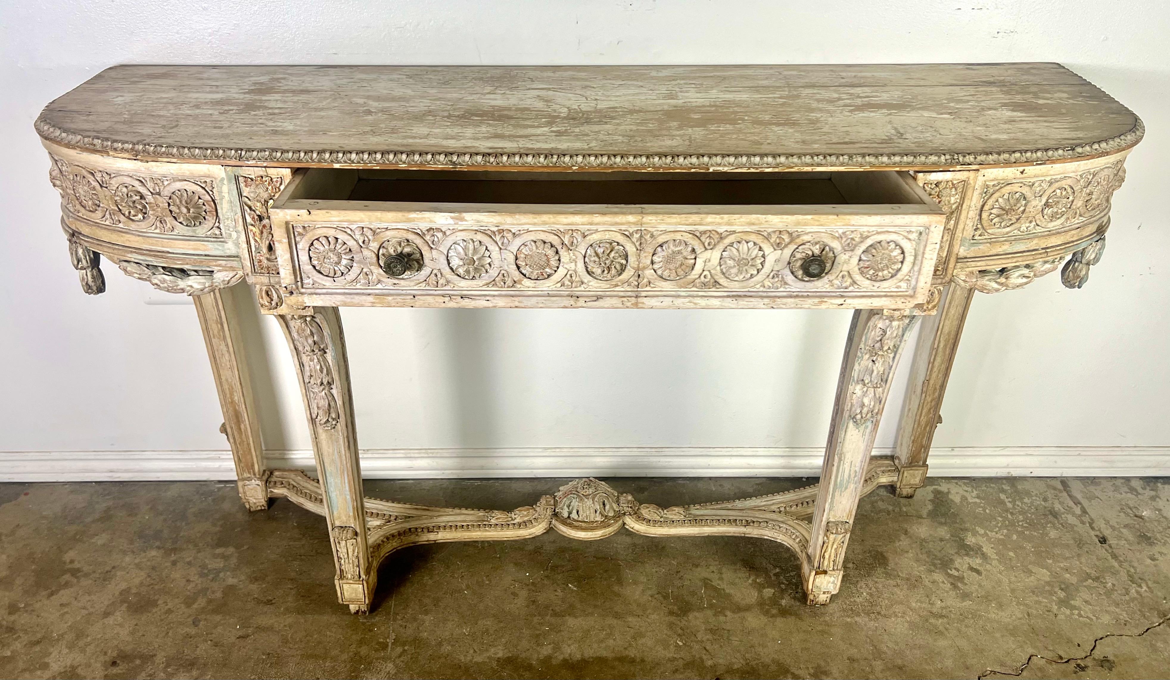 19th Century French Painted Console w/ Carved Swags & Drawers For Sale 2