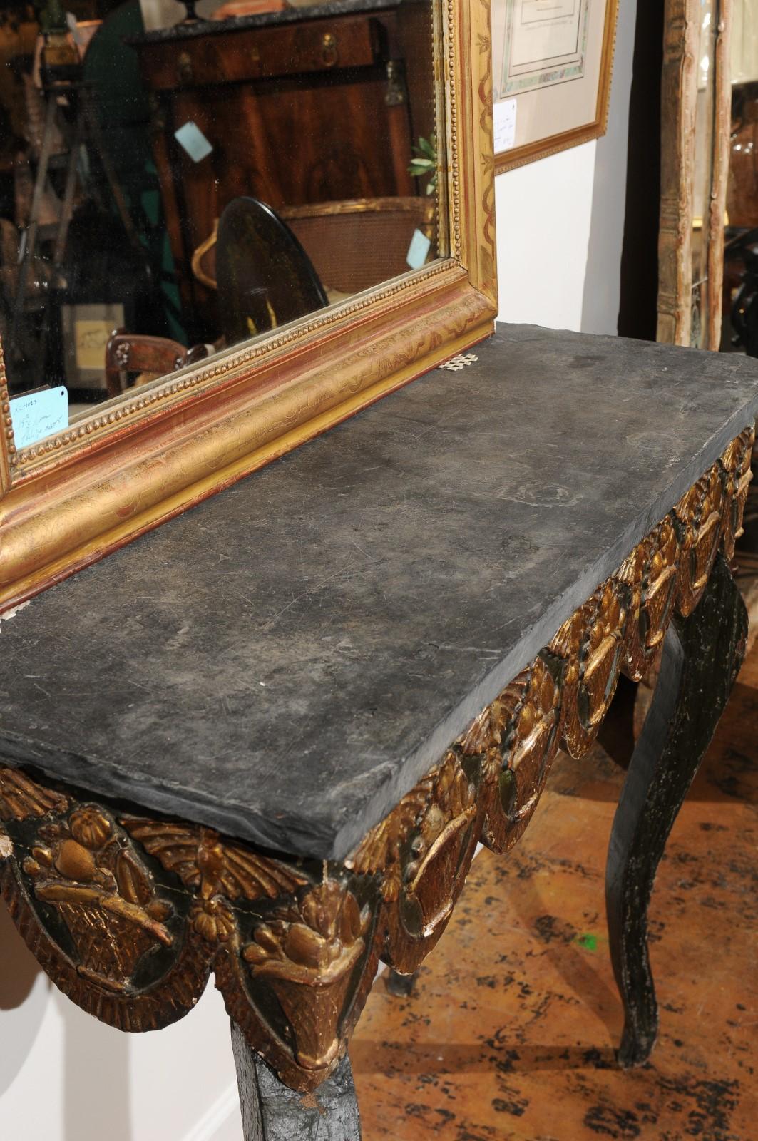19th Century French Painted Console with Gilt Fruit Basket, Later Slate Top 5