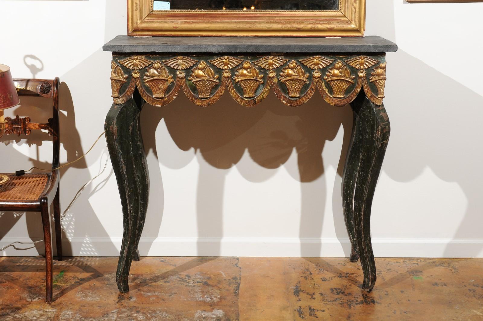 19th century French painted console with gilt fruit basket, later slate top.