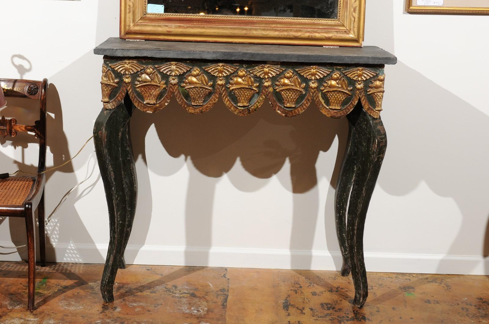 Italian 19th Century French Painted Console with Gilt Fruit Basket, Later Slate Top