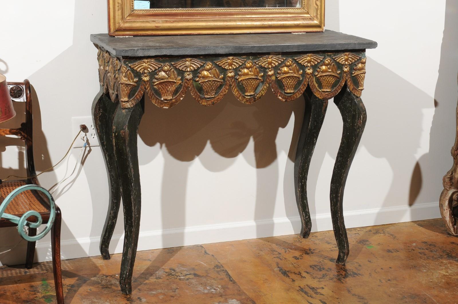 19th Century French Painted Console with Gilt Fruit Basket, Later Slate Top In Excellent Condition In Atlanta, GA