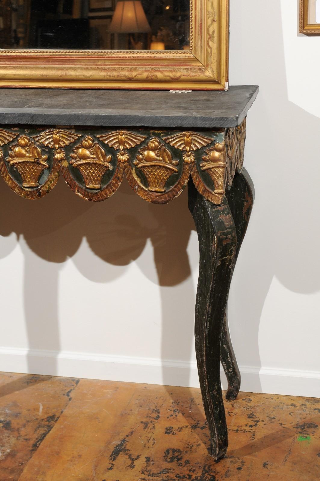 19th Century French Painted Console with Gilt Fruit Basket, Later Slate Top 1