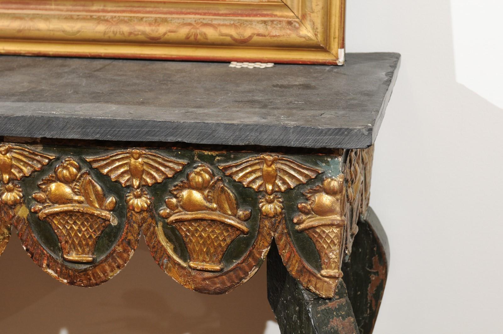 19th Century French Painted Console with Gilt Fruit Basket, Later Slate Top 2