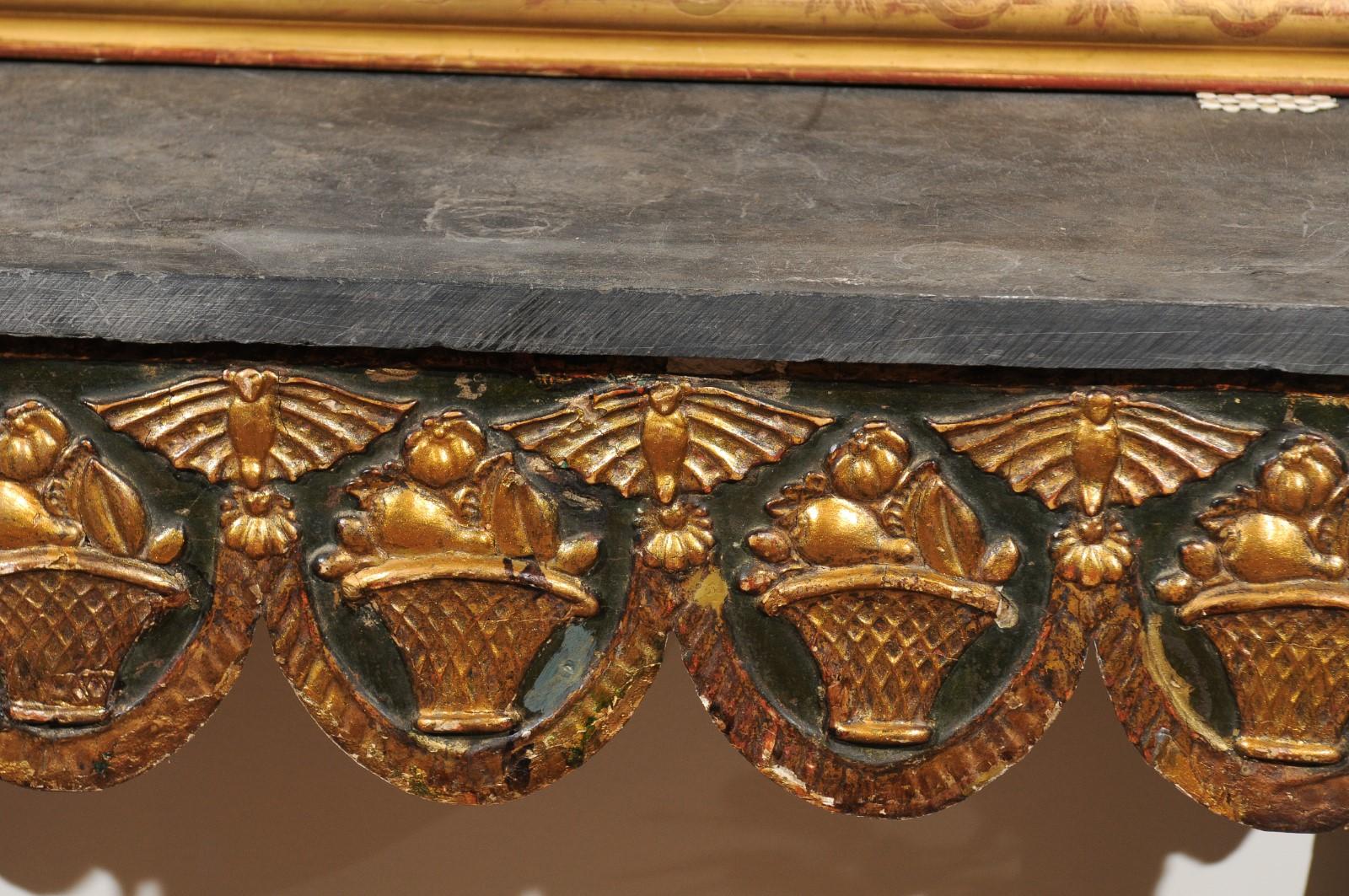 19th Century French Painted Console with Gilt Fruit Basket, Later Slate Top 3