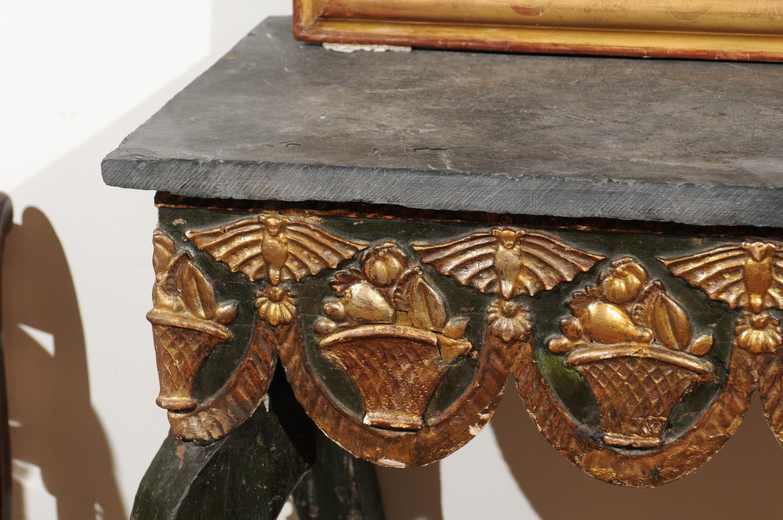 19th Century French Painted Console with Gilt Fruit Basket, Later Slate Top 4