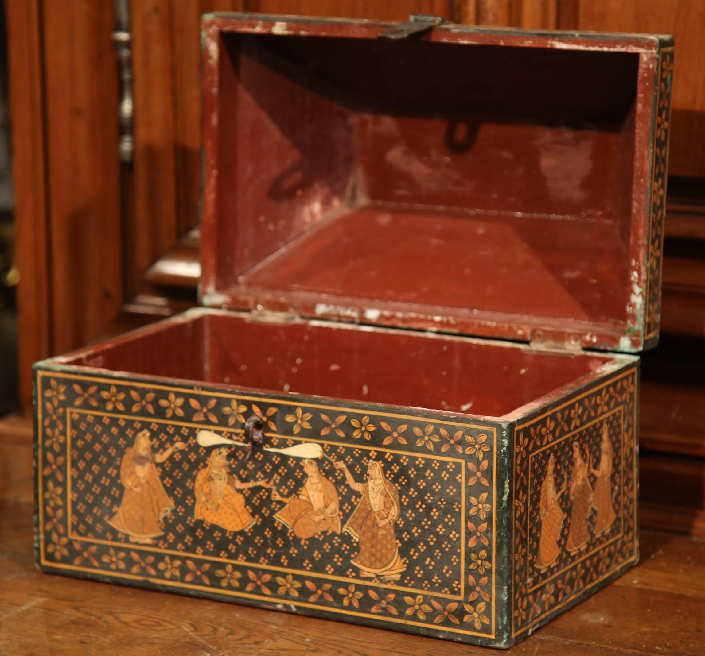 Hand-Crafted 19th Century French Painted Decorative Wood Box with Oriental Figure Decor For Sale