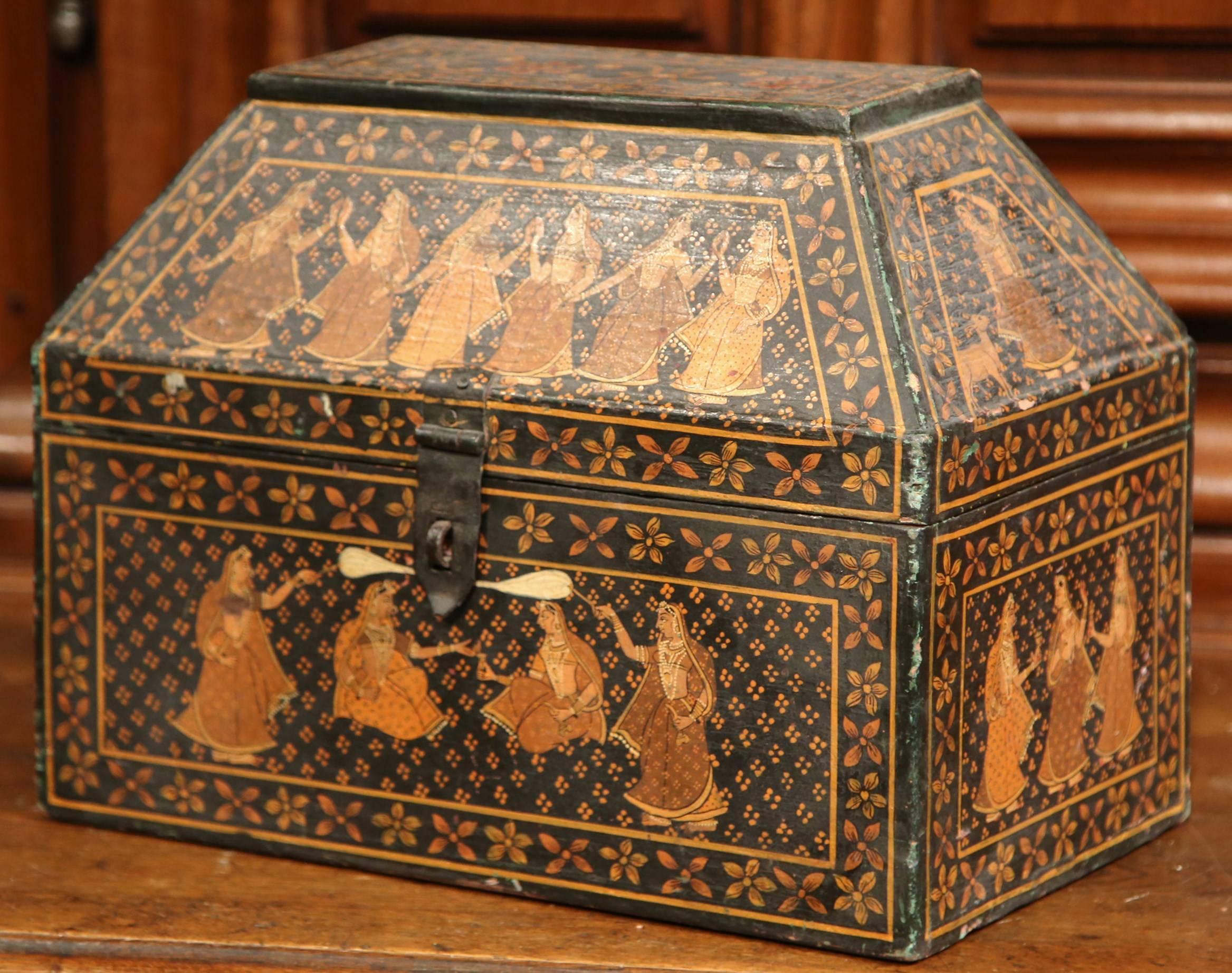19th Century French Painted Decorative Wood Box with Oriental Figure Decor In Excellent Condition For Sale In Dallas, TX