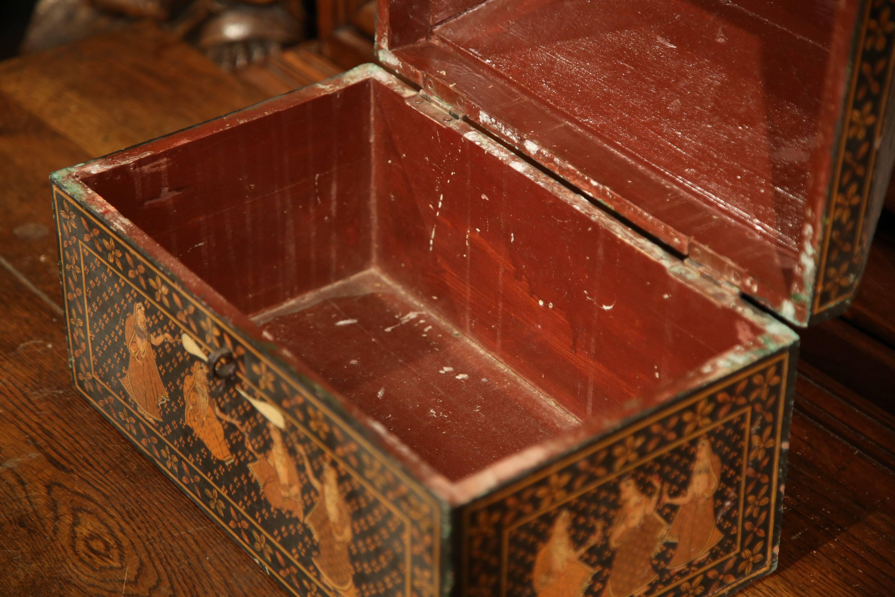 19th Century French Painted Decorative Wood Box with Oriental Figure Decor For Sale 1