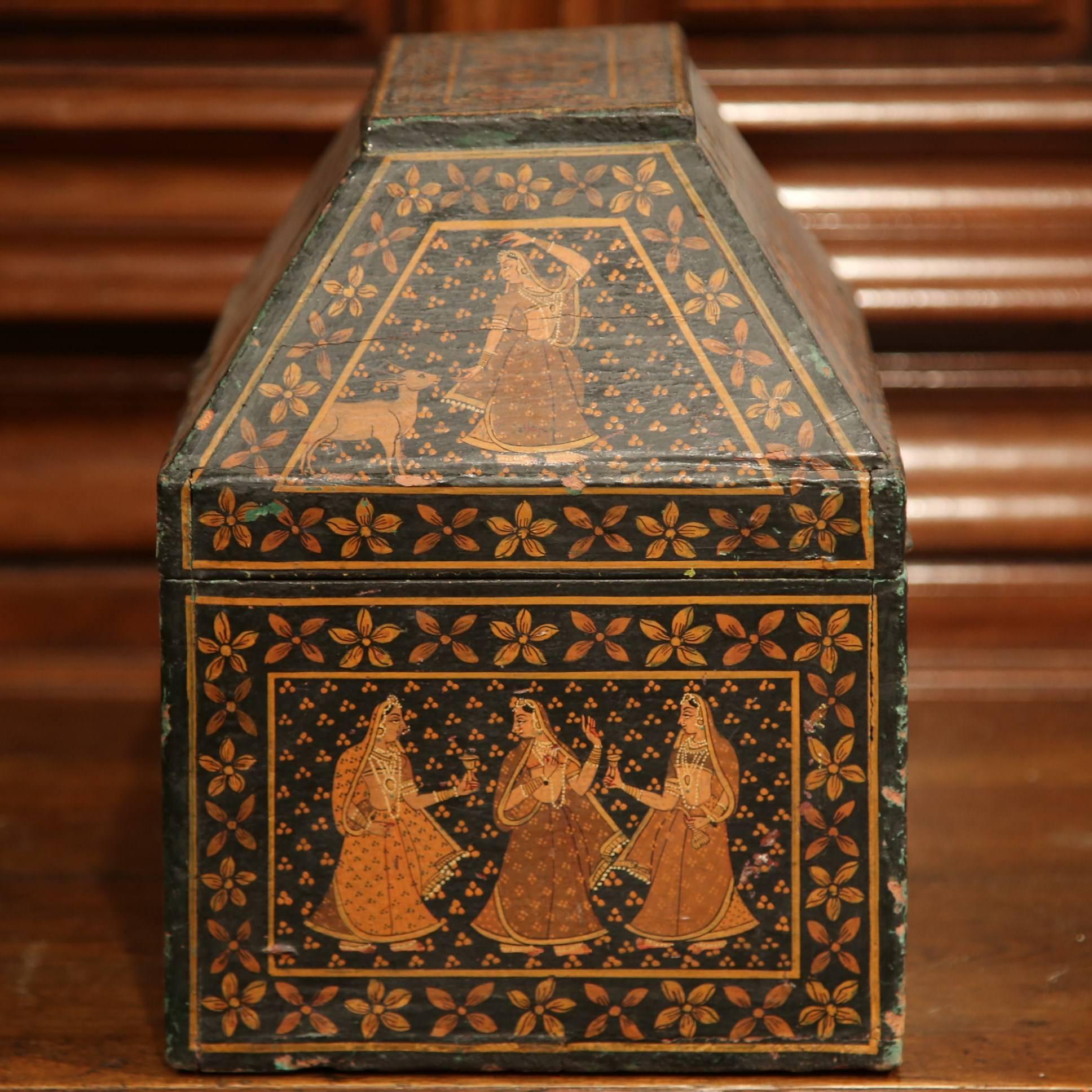 19th Century French Painted Decorative Wood Box with Oriental Figure Decor For Sale 2