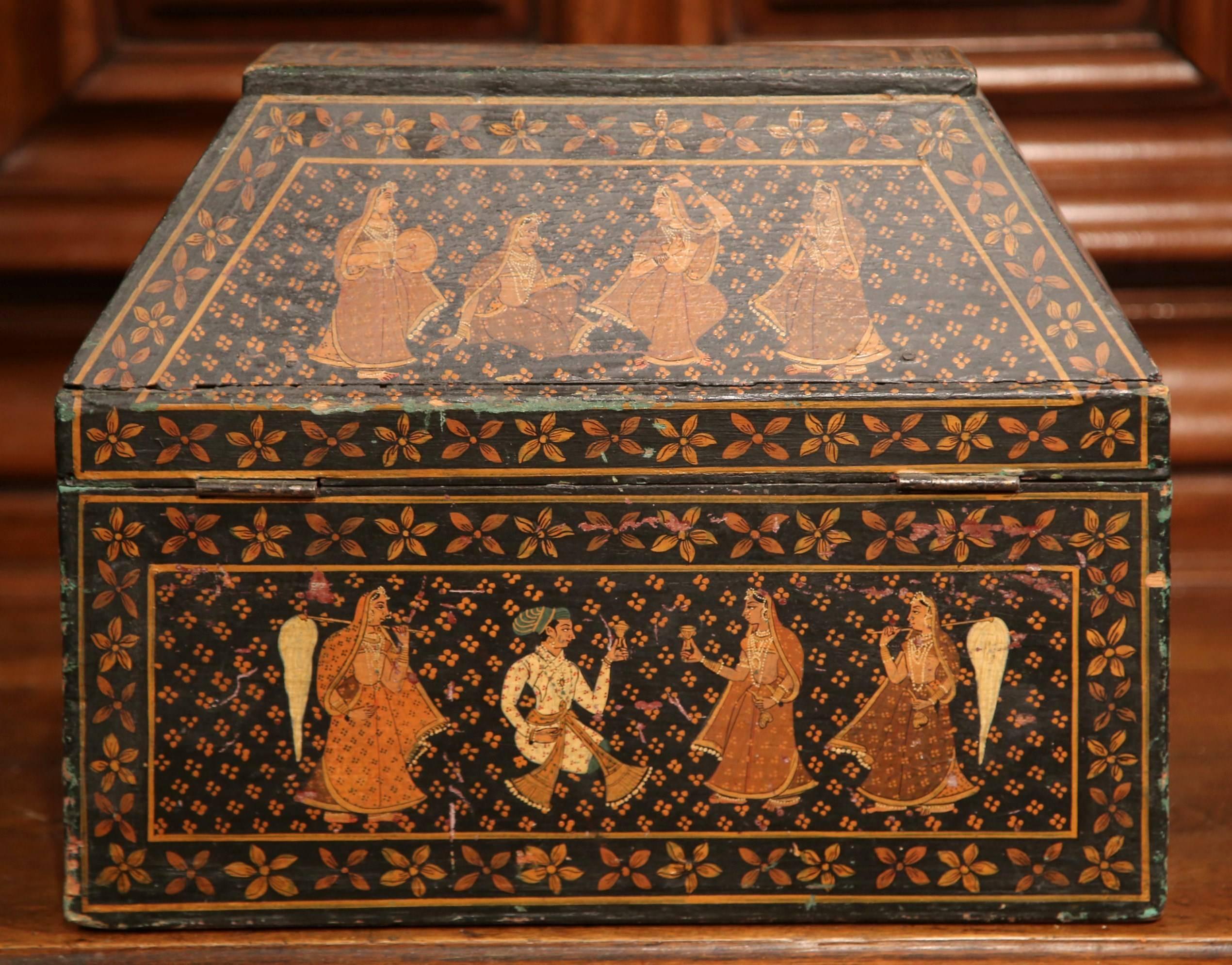 19th Century French Painted Decorative Wood Box with Oriental Figure Decor For Sale 3