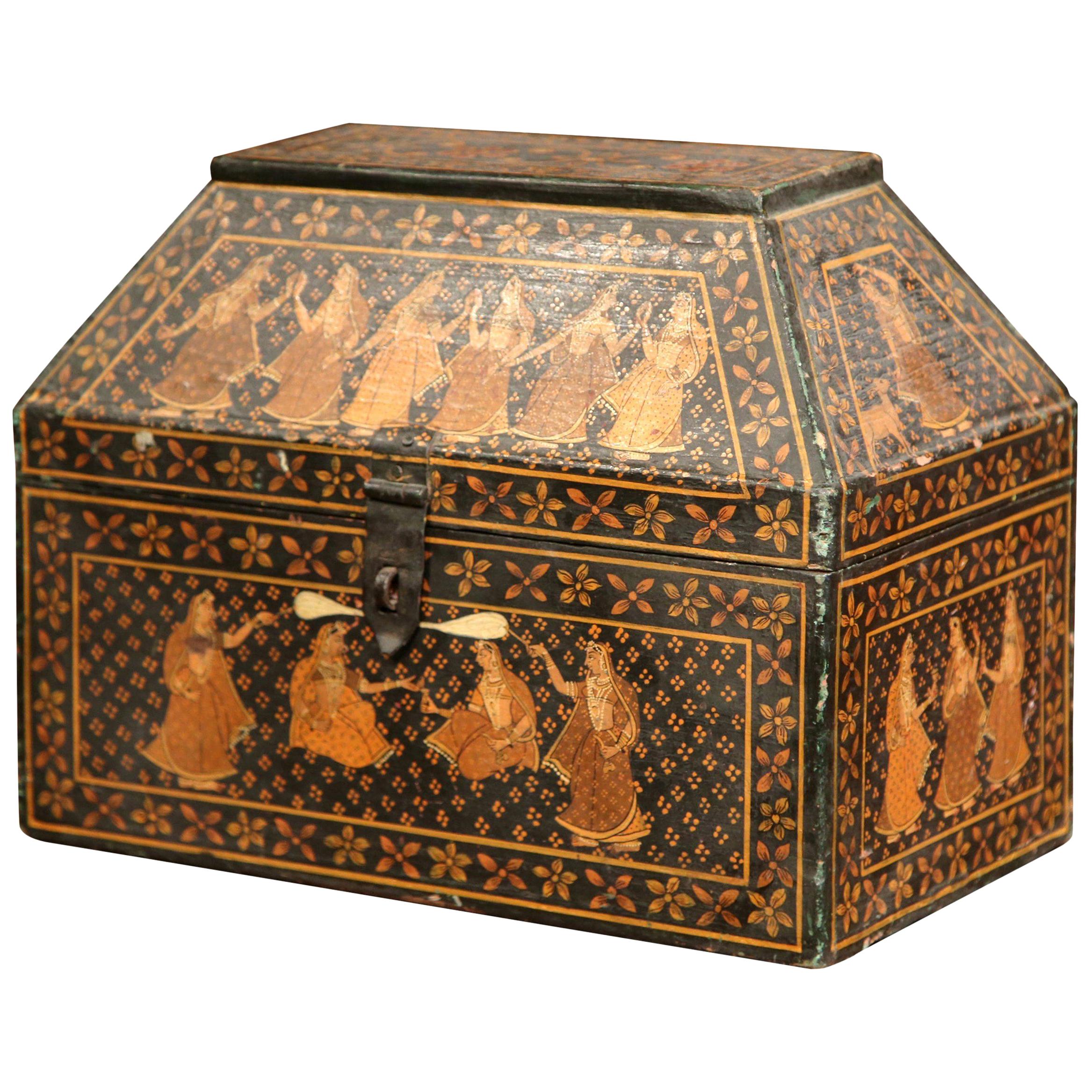 19th Century French Painted Decorative Wood Box with Oriental Figure Decor For Sale