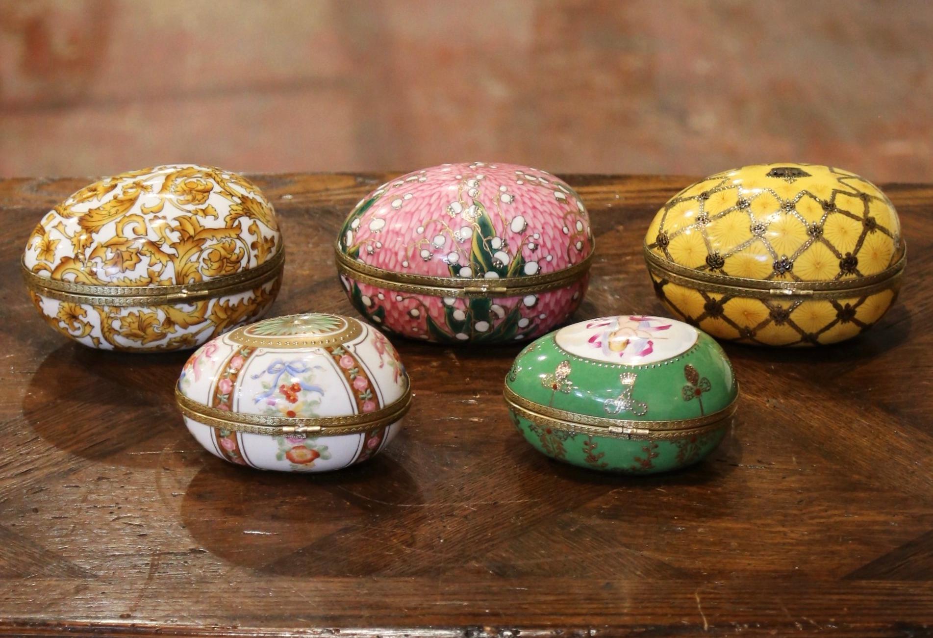 19th Century French Painted Faberge Porcelain Egg Trinket Boxes, Set of 5 14