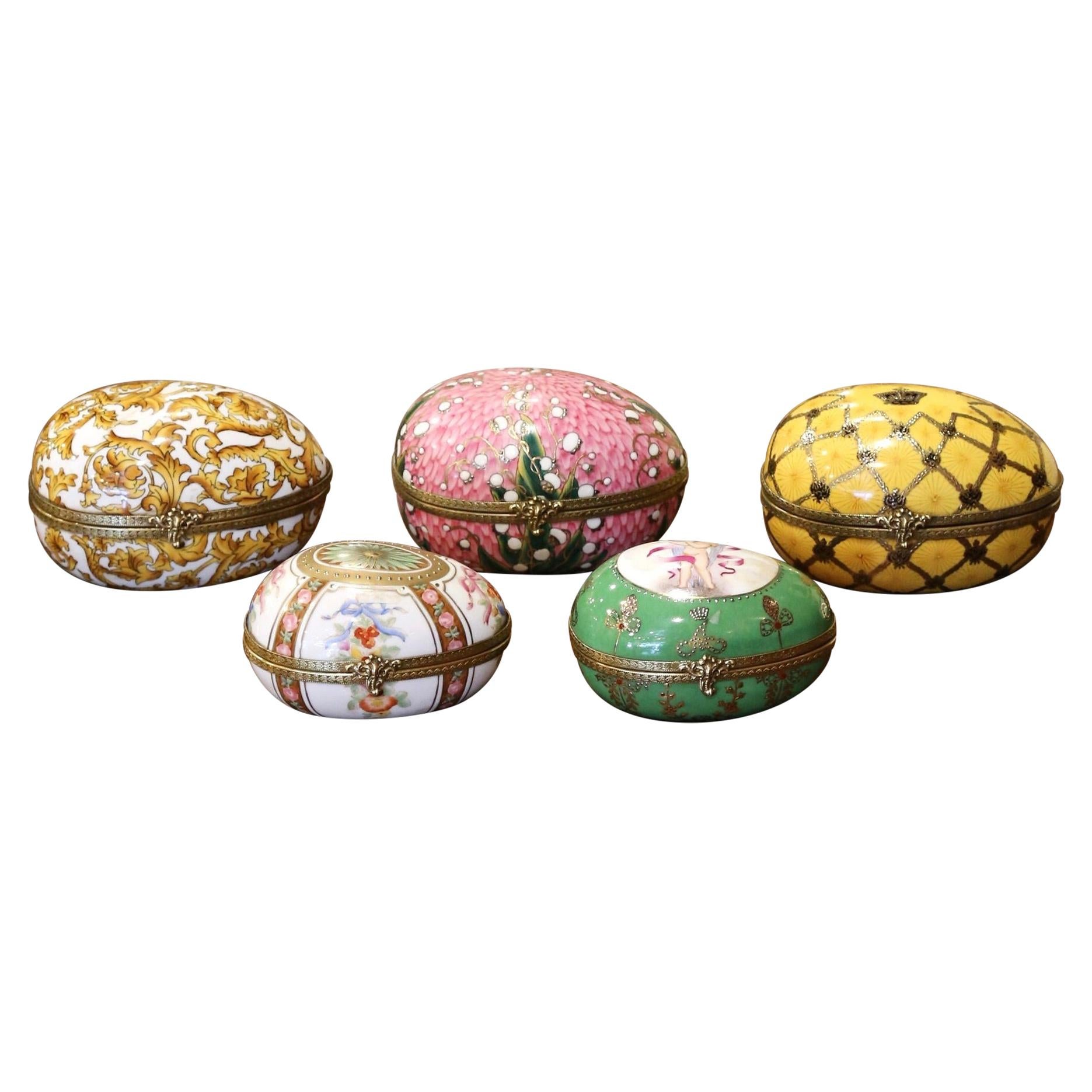 19th Century French Painted Faberge Porcelain Egg Trinket Boxes, Set of 5