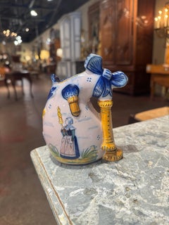 19th Century French Painted Faience Bagpipe Form Vase Signed HR Quimper