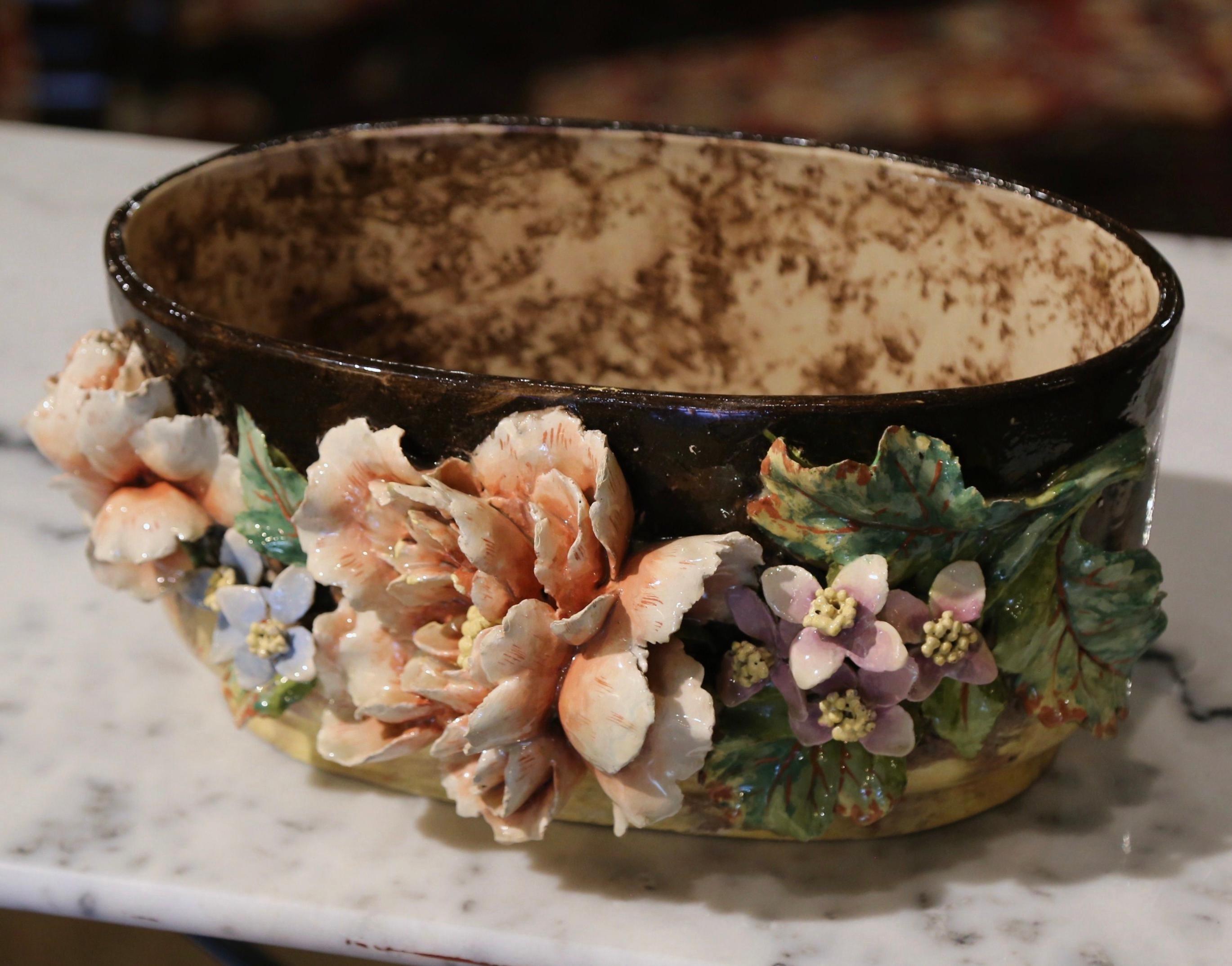 Hand-Crafted 19th Century French Painted Faience Barbotine Floral Jardinière from Montigny