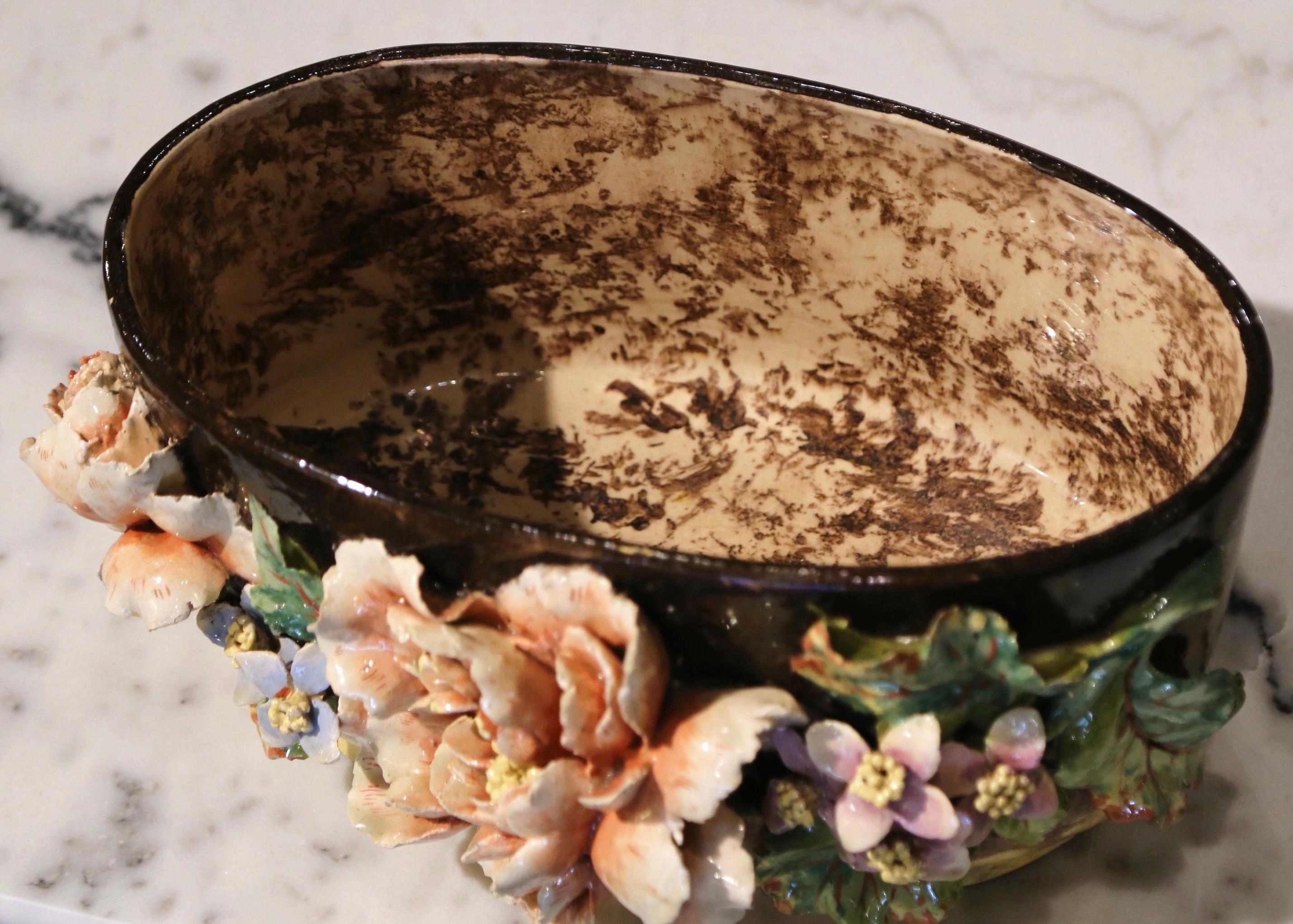 19th Century French Painted Faience Barbotine Floral Jardinière from Montigny In Excellent Condition In Dallas, TX