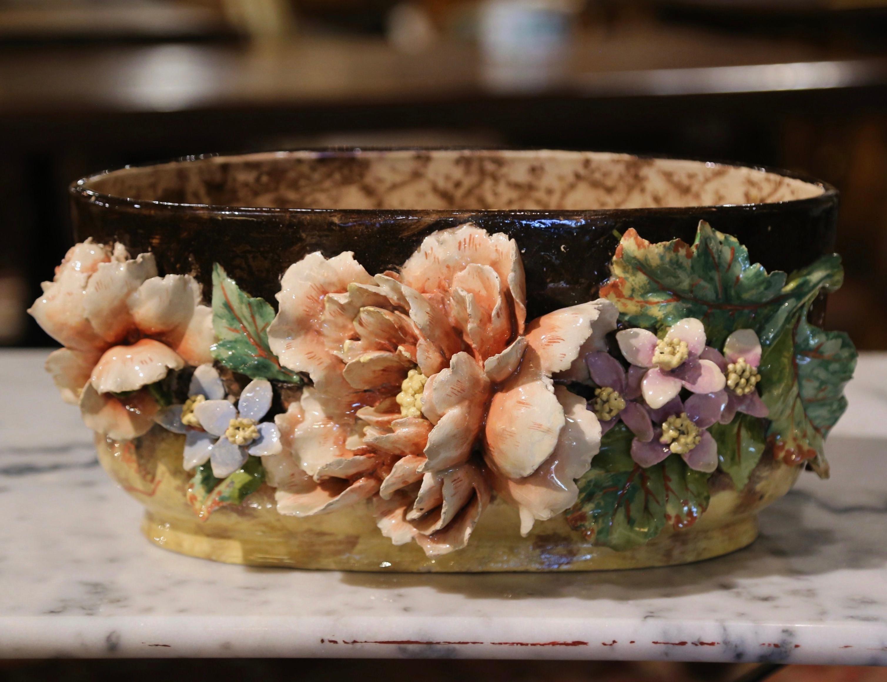 19th Century French Painted Faience Barbotine Floral Jardinière from Montigny 1