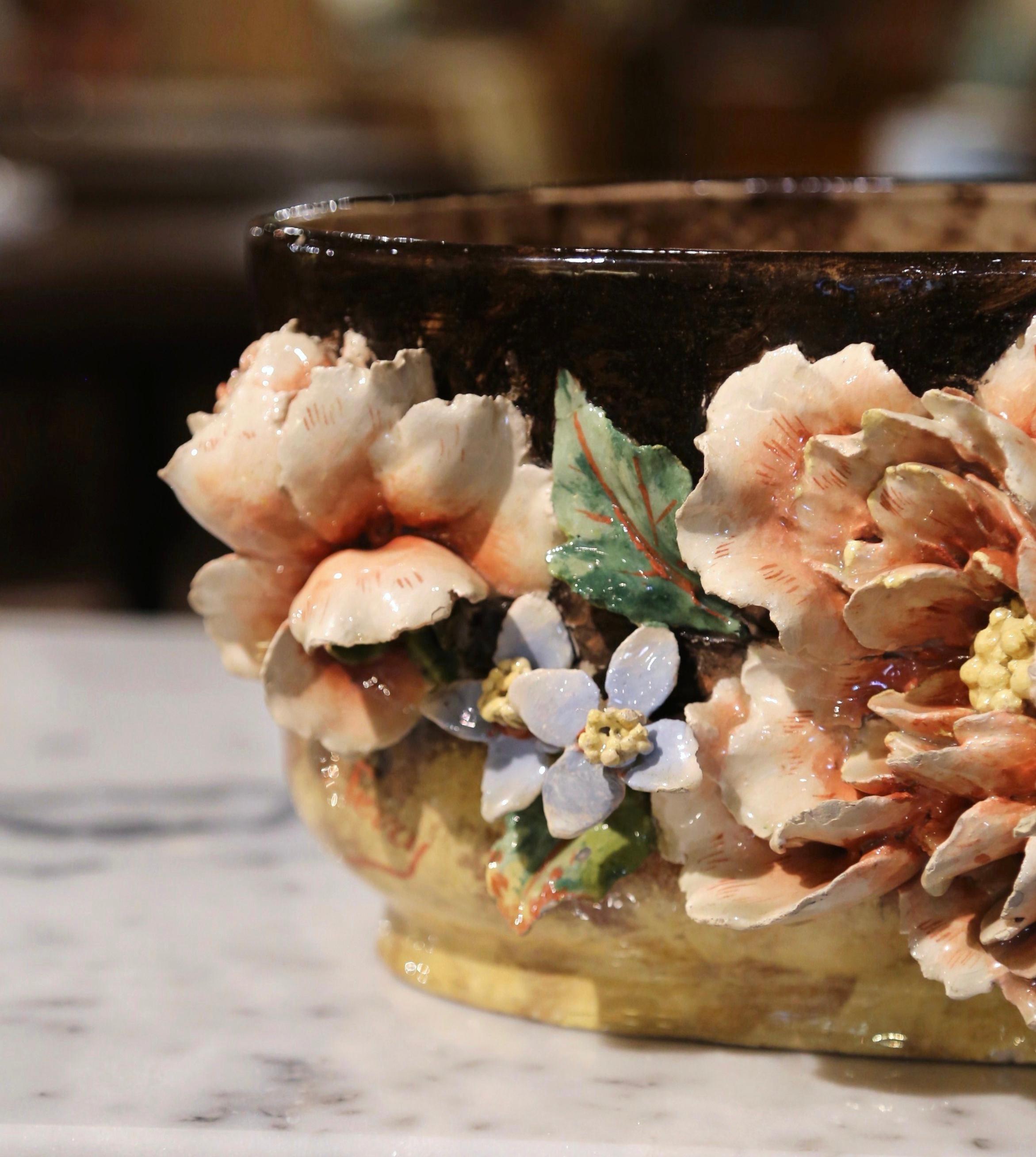 19th Century French Painted Faience Barbotine Floral Jardinière from Montigny 2